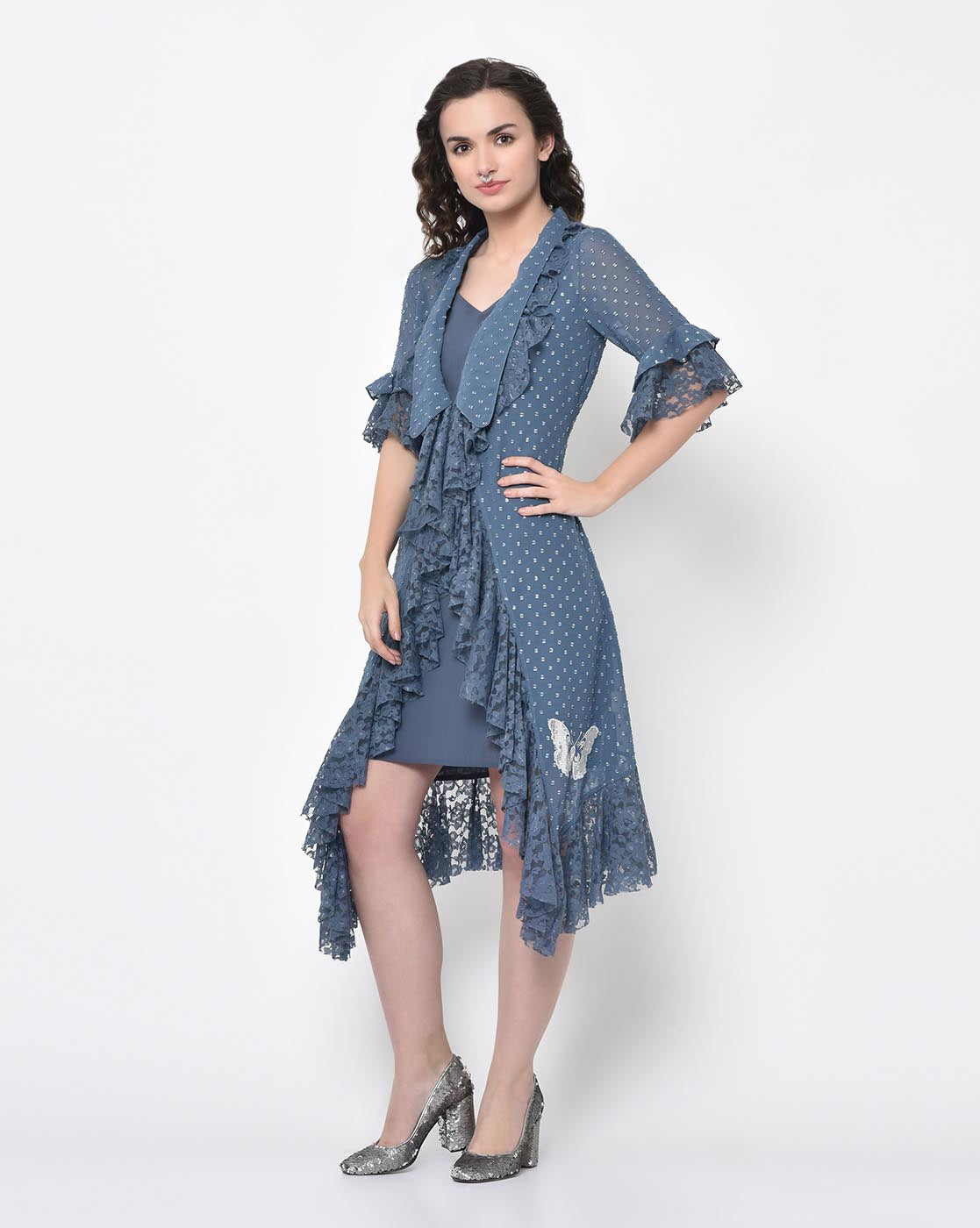 Silver Dot Stone Blue Tunic With Butterfly Embroidery