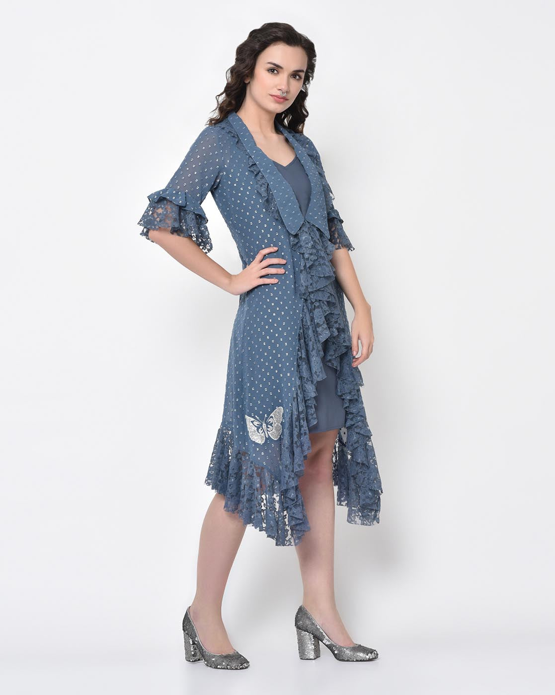 Silver Dot Stone Blue Tunic With Butterfly Embroidery