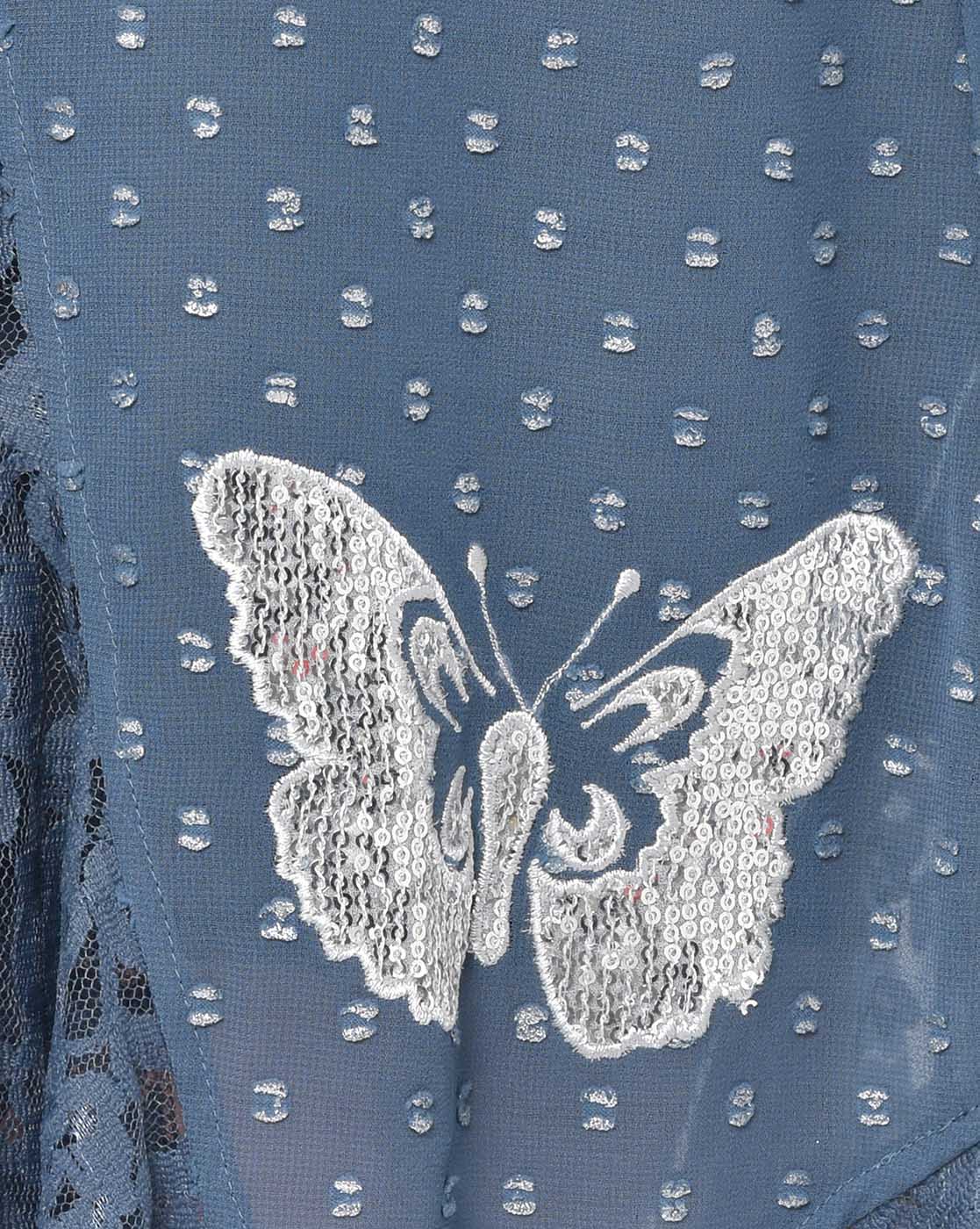 Silver Dot Stone Blue Tunic With Butterfly Embroidery