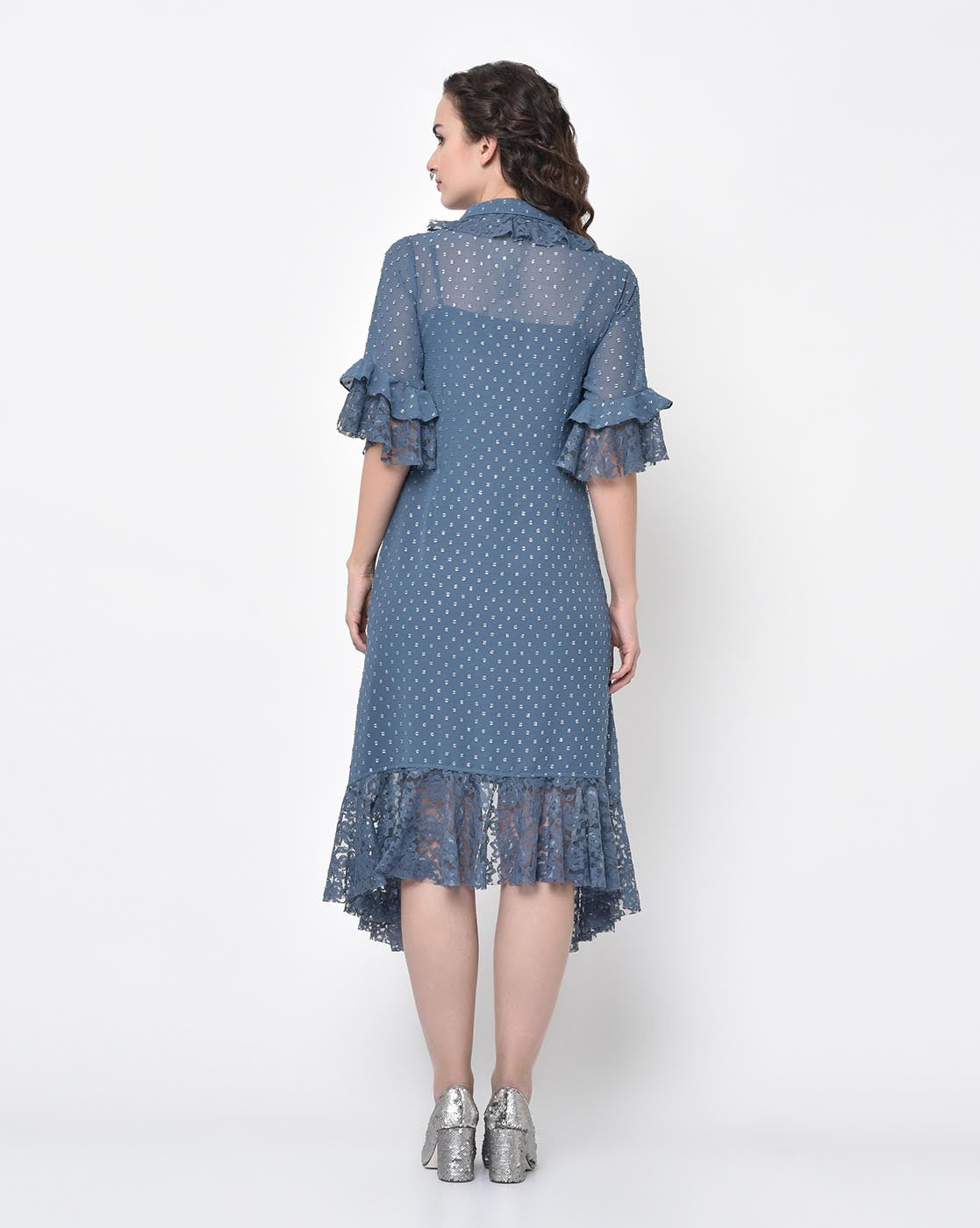 Silver Dot Stone Blue Tunic With Butterfly Embroidery