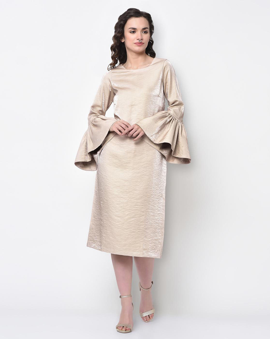 Beige Long Dress With Bell Sleeve