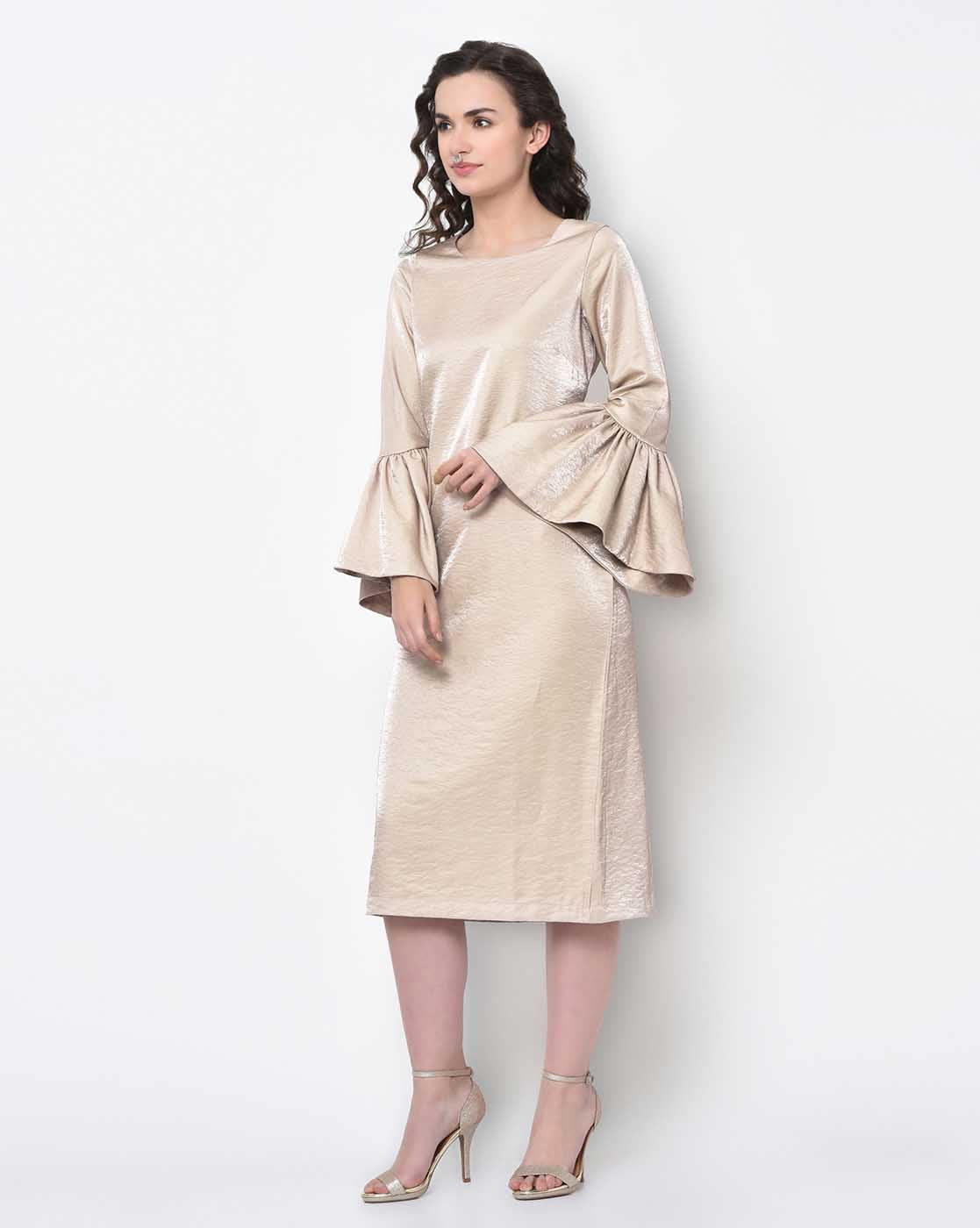 Beige Long Dress With Bell Sleeve