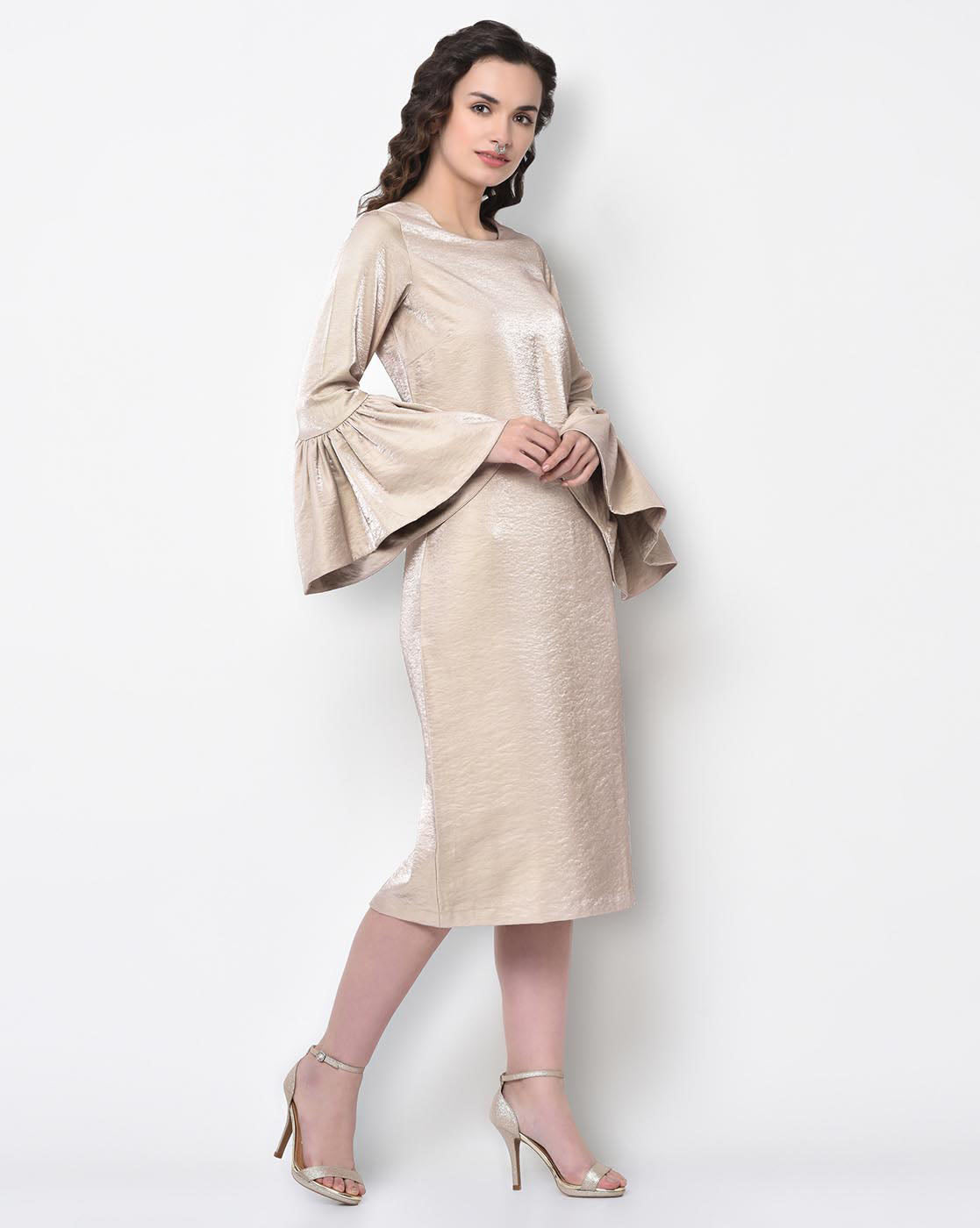 Beige Long Dress With Bell Sleeve