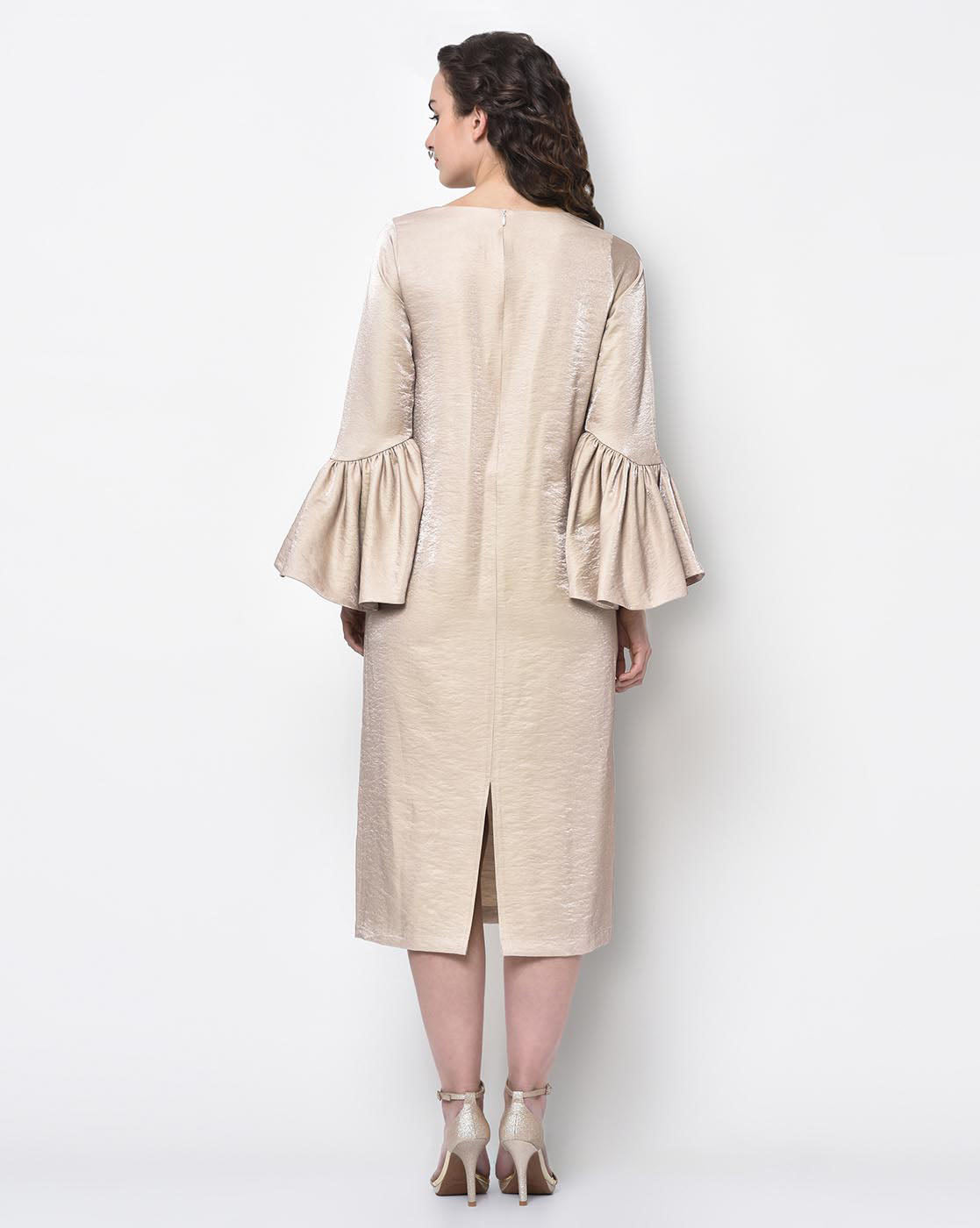 Beige Long Dress With Bell Sleeve