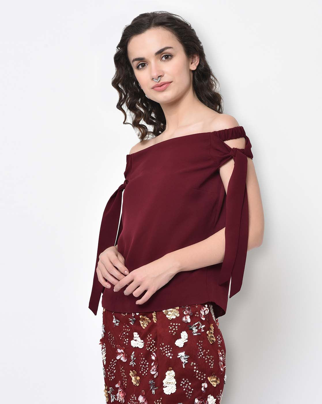 Maroon Off Shoulder Tie Up Top