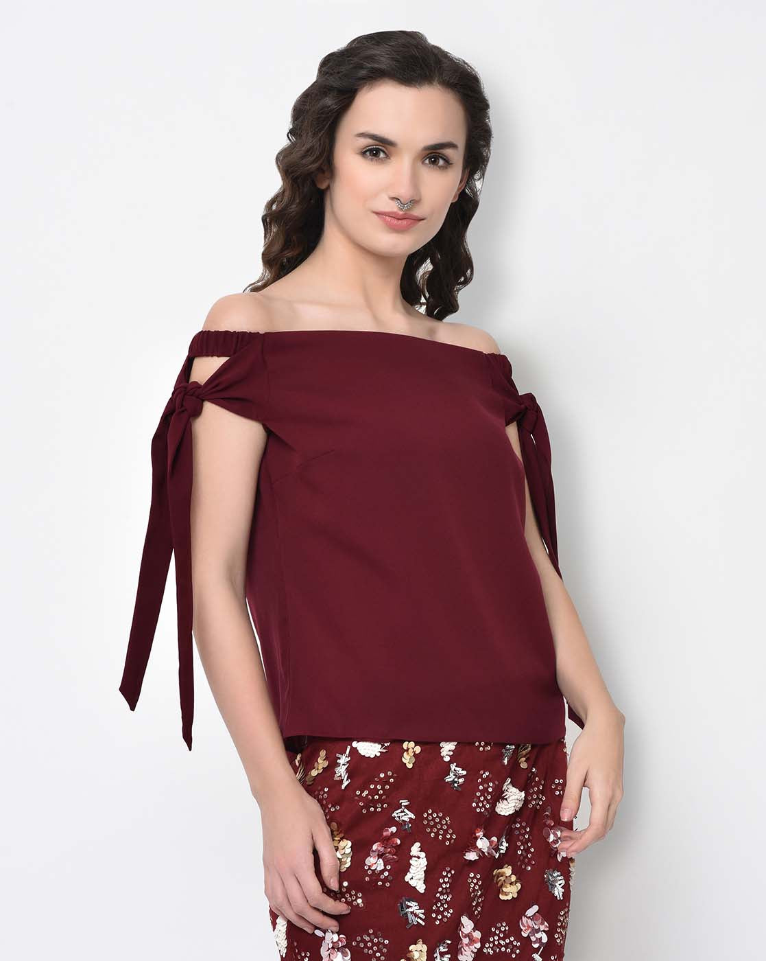 Maroon Off Shoulder Tie Up Top