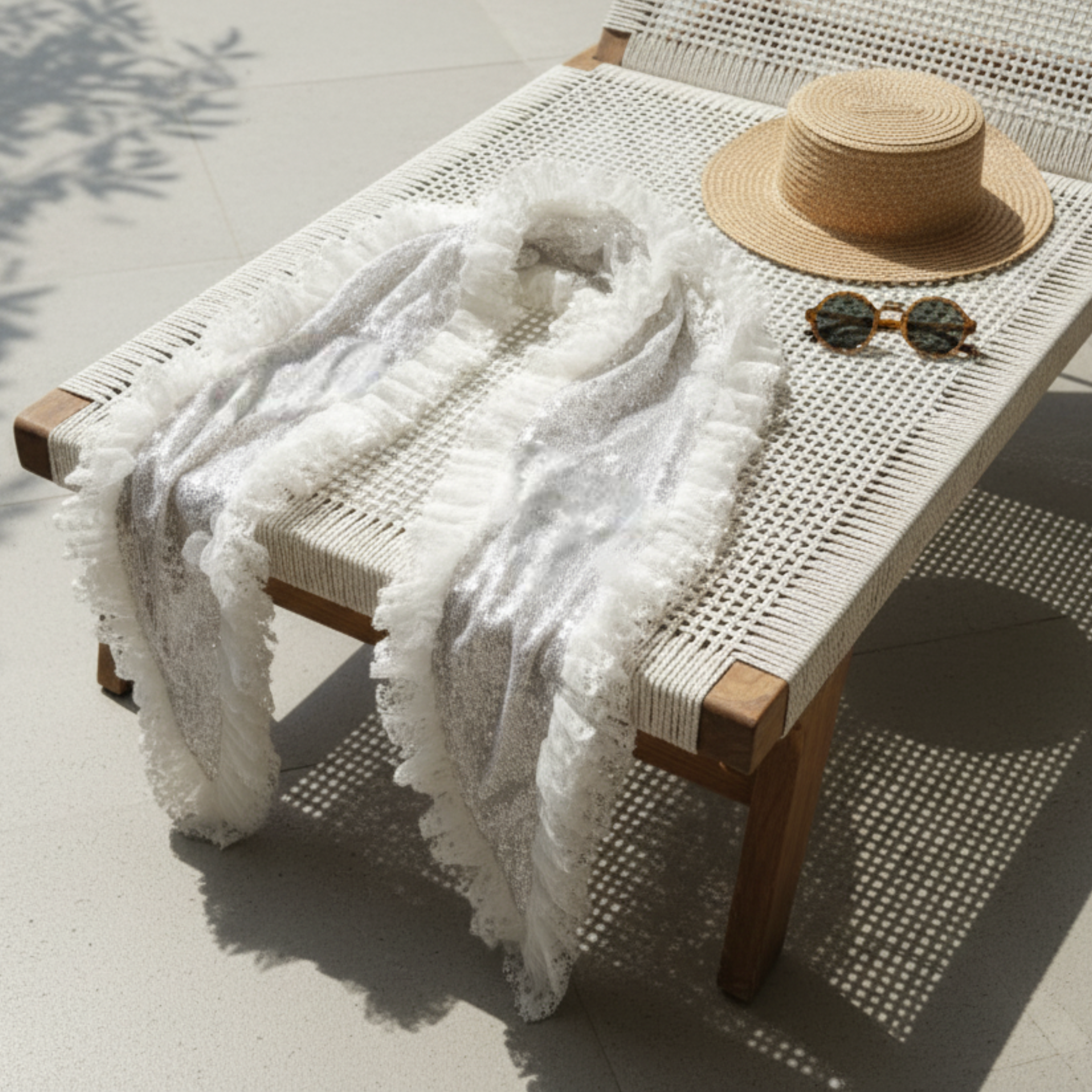 Off White Lace Scarf With Frill