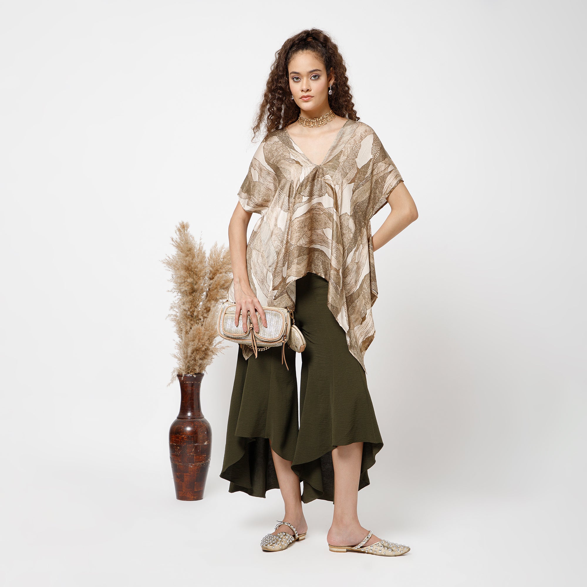 Green Crepe Asymmetrical Plazzo