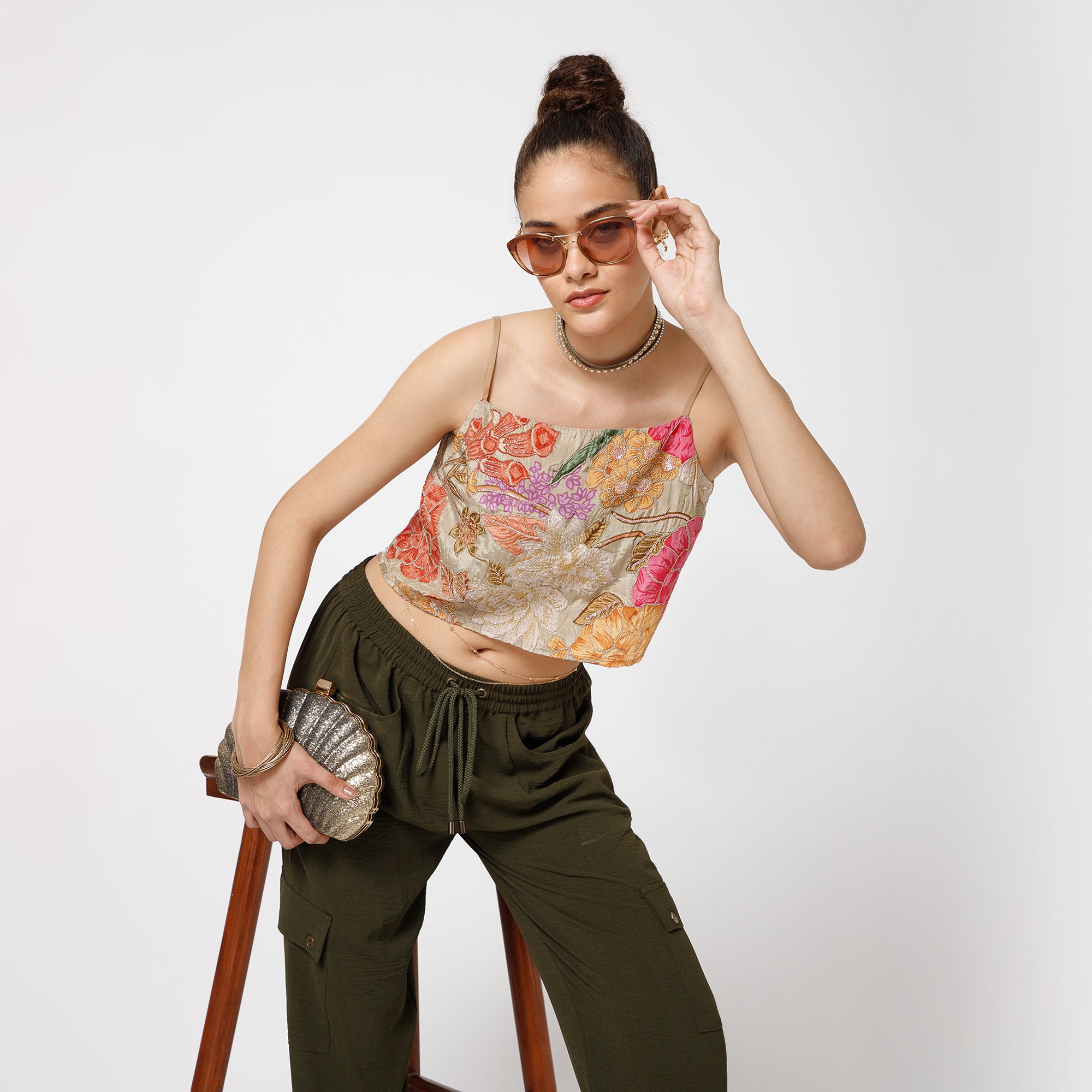 Beige Embroidery Crop Top