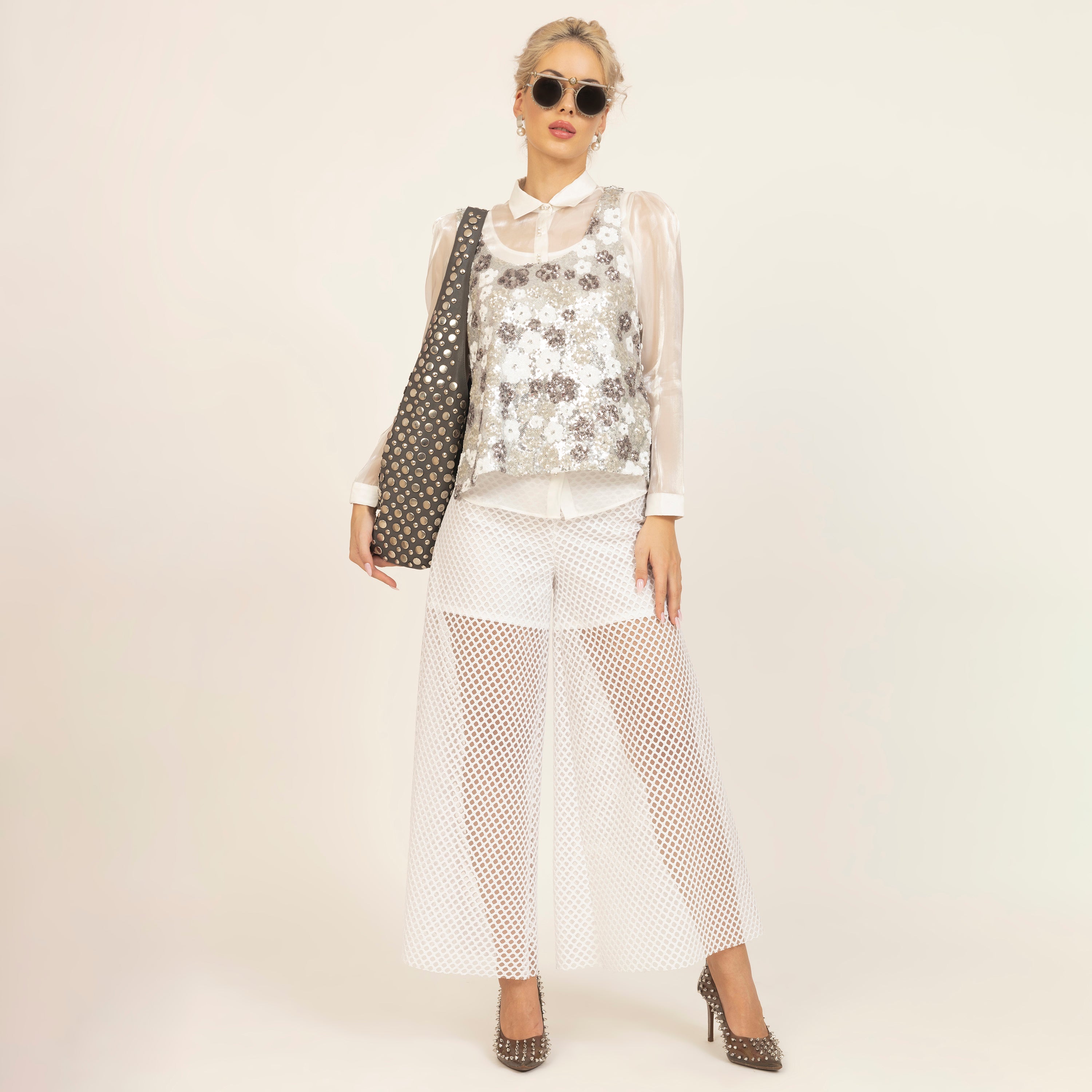 White A-Line Sequin Shrug With Spaghetti, crop tops, women tops, flower, design, party wear tops
