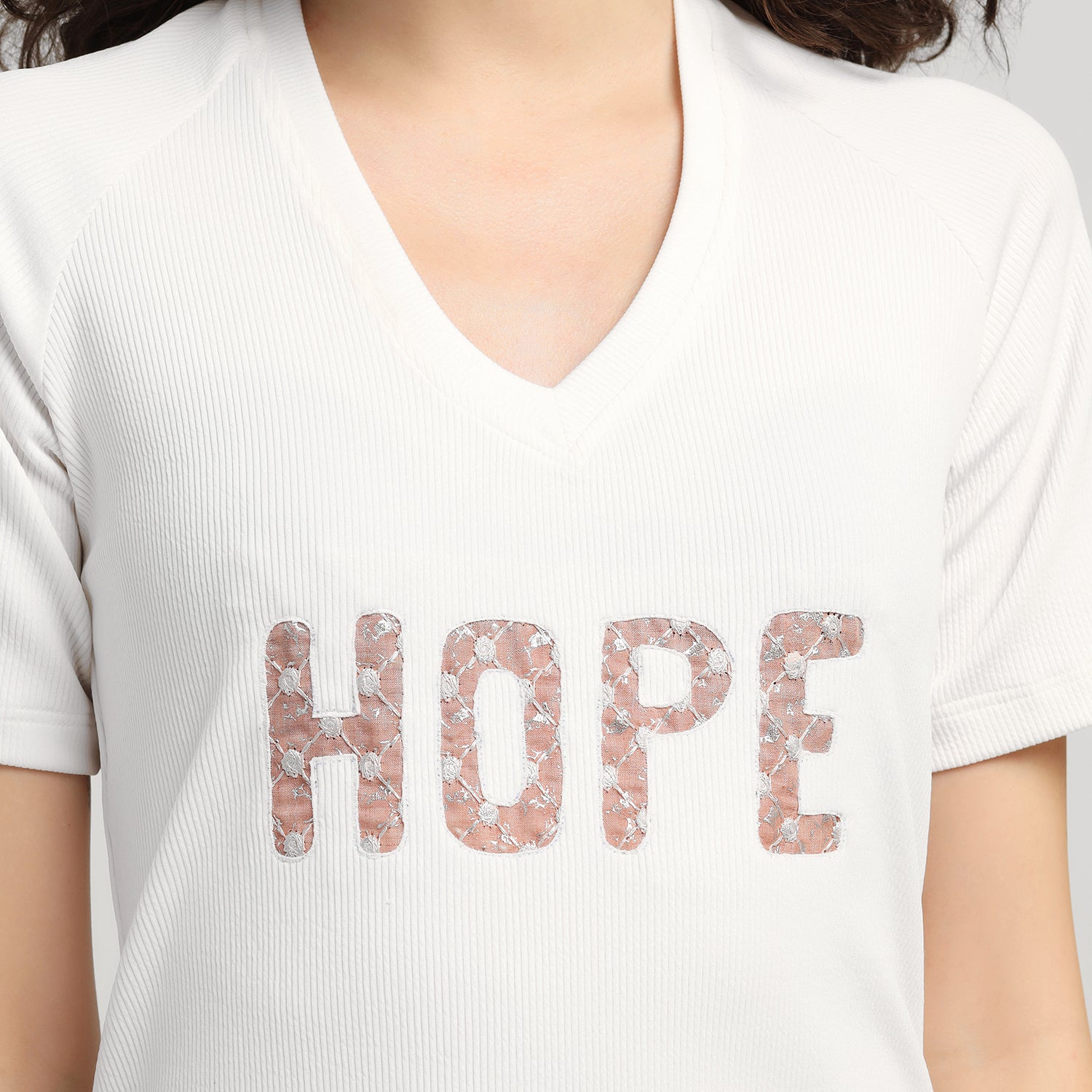 White Embroidered Hope Ribbed T- Shirt, t shirt for women, women t shirt, top designs, trendy tops, women wear tops