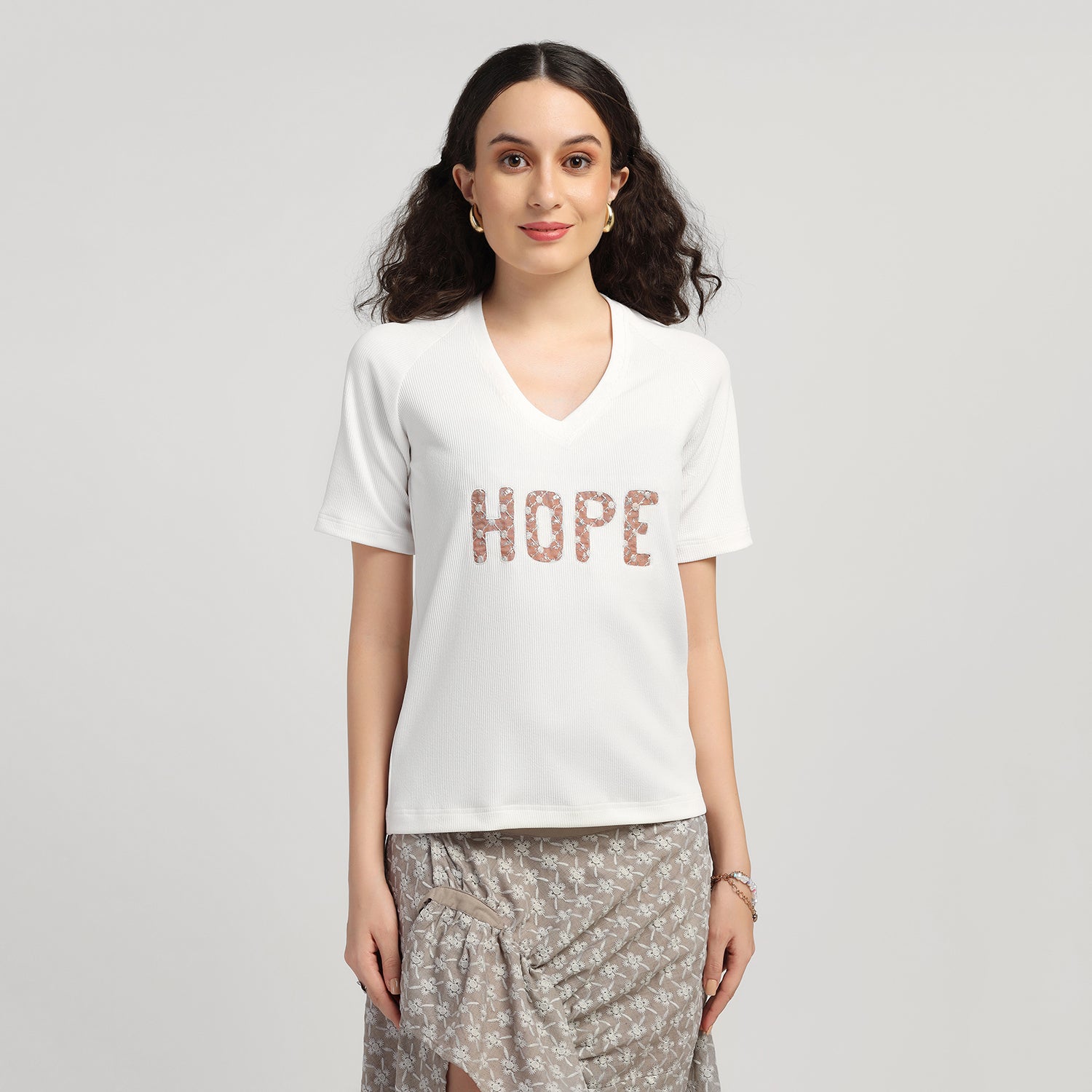 White Embroidered Hope Ribbed T-Shirt for Women