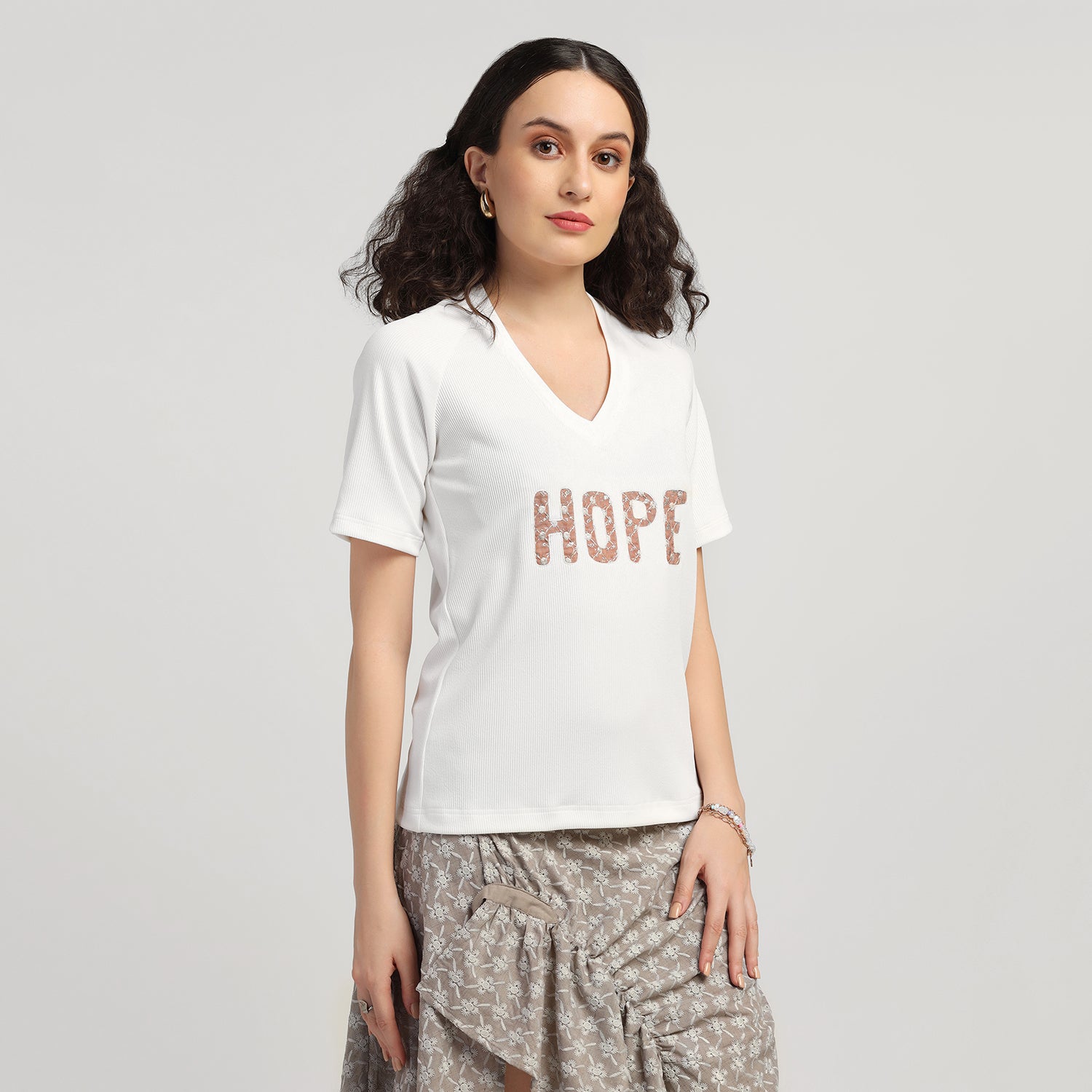 White Embroidered Hope Ribbed T- Shirt, t shirt for women, women t shirt, top designs, trendy tops, women wear tops