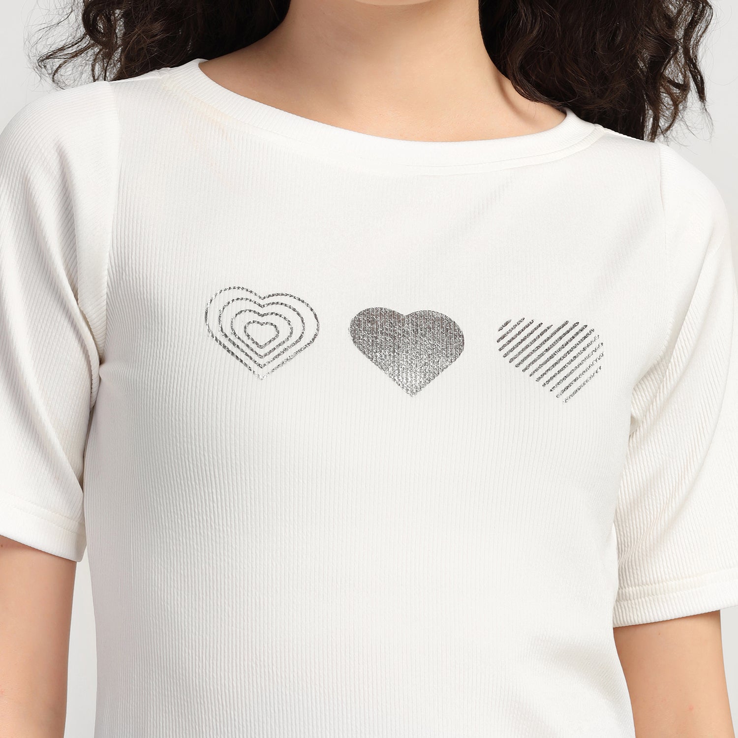 White Heart Foil Printed Ribbed Top, tops for women, crop top, crop tops for women, organza tops