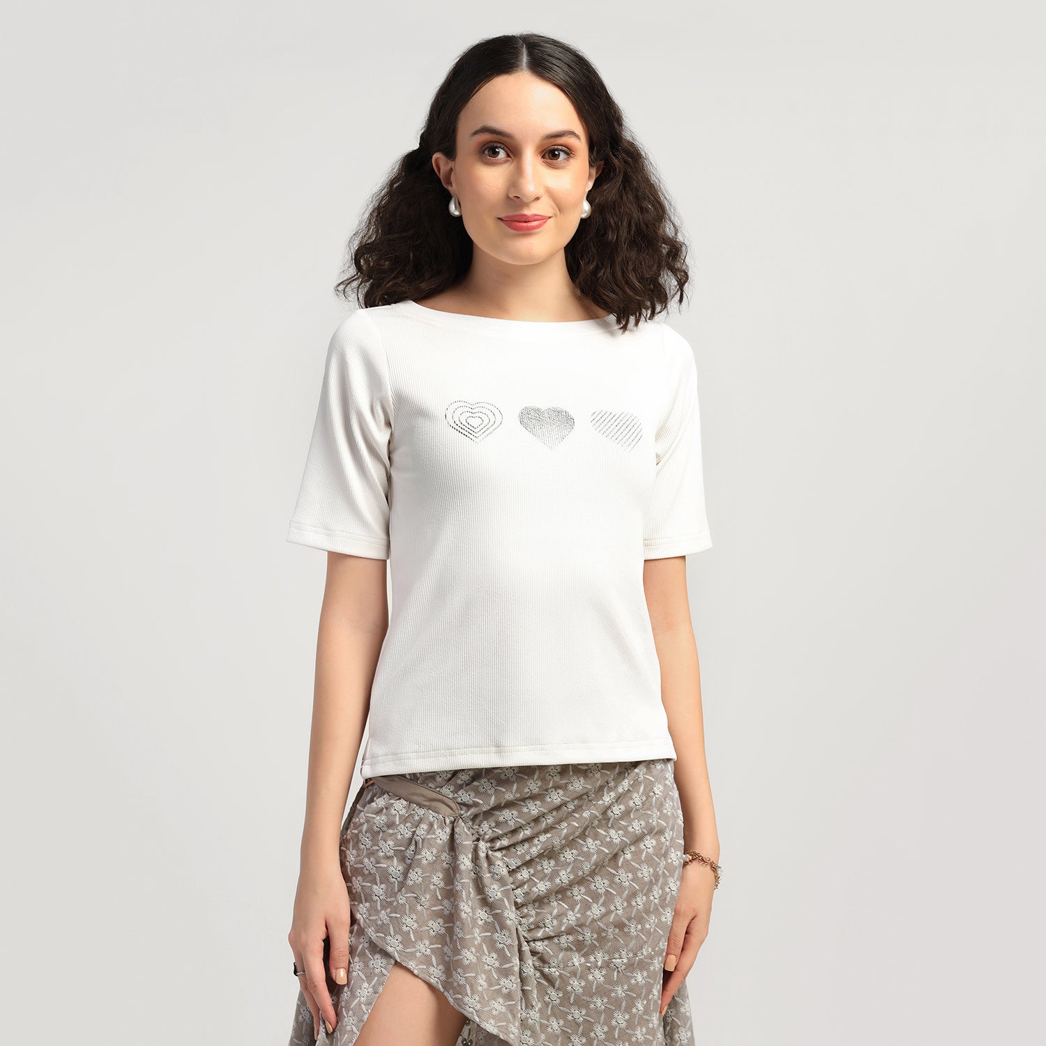 White Heart Foil Printed Ribbed Top for Women
