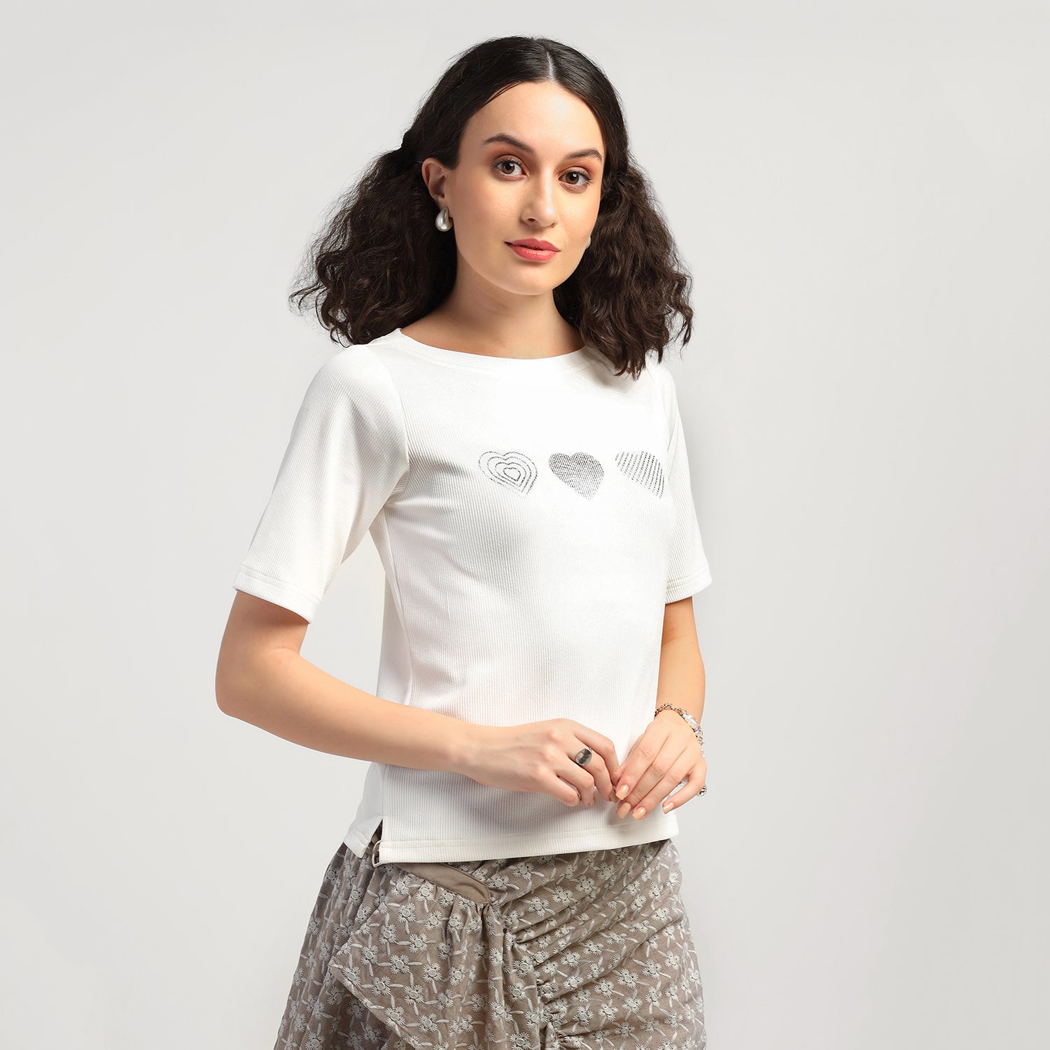 White Heart Foil Printed Ribbed Top, tops for women, crop top, crop tops for women, organza tops