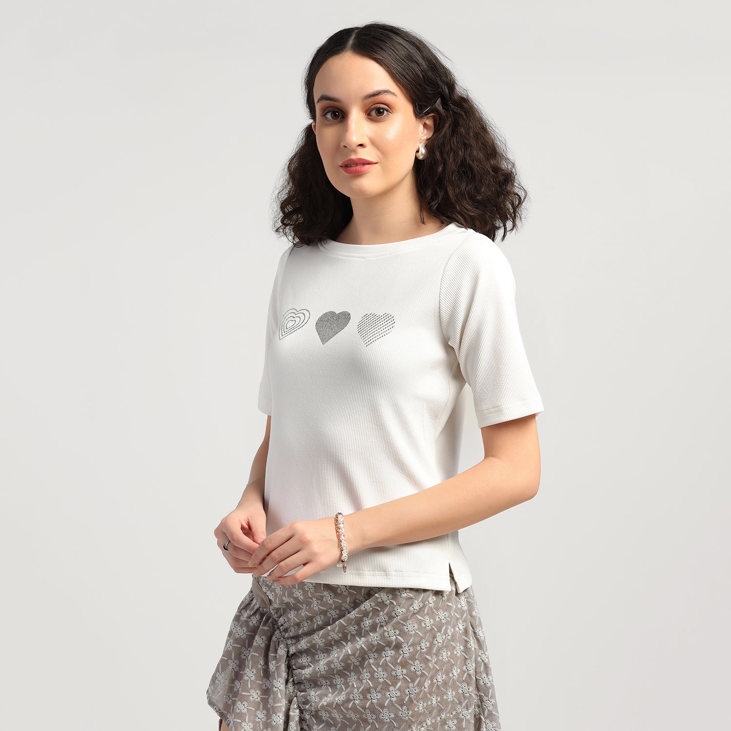 White Heart Foil Printed Ribbed Top, tops for women, crop top, crop tops for women, organza tops