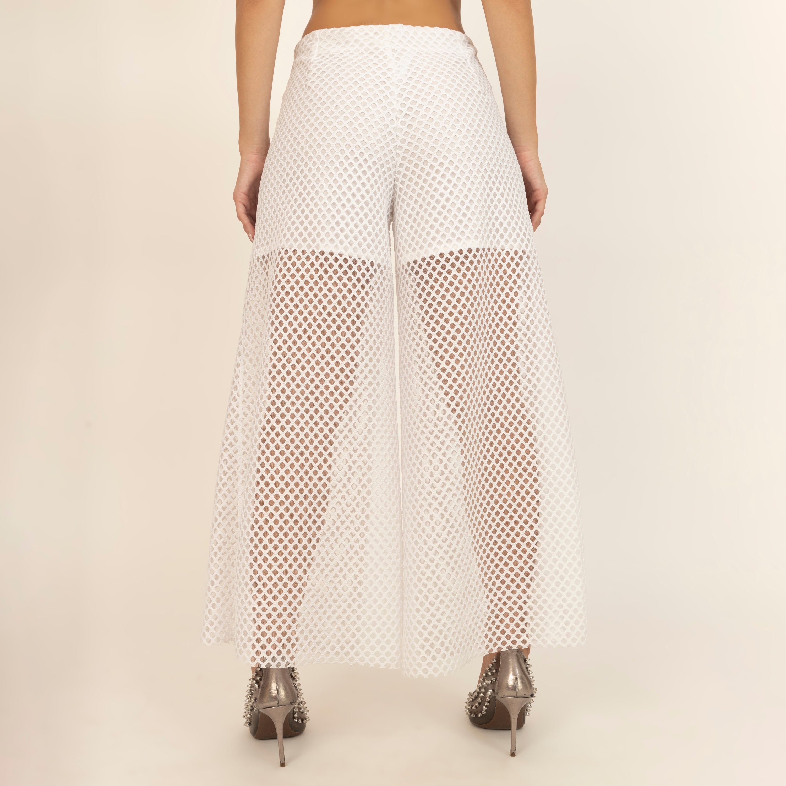 White Mesh Net Flared Palazzo, bottoms, color, designs, women dress, partywear dress, party wear for women