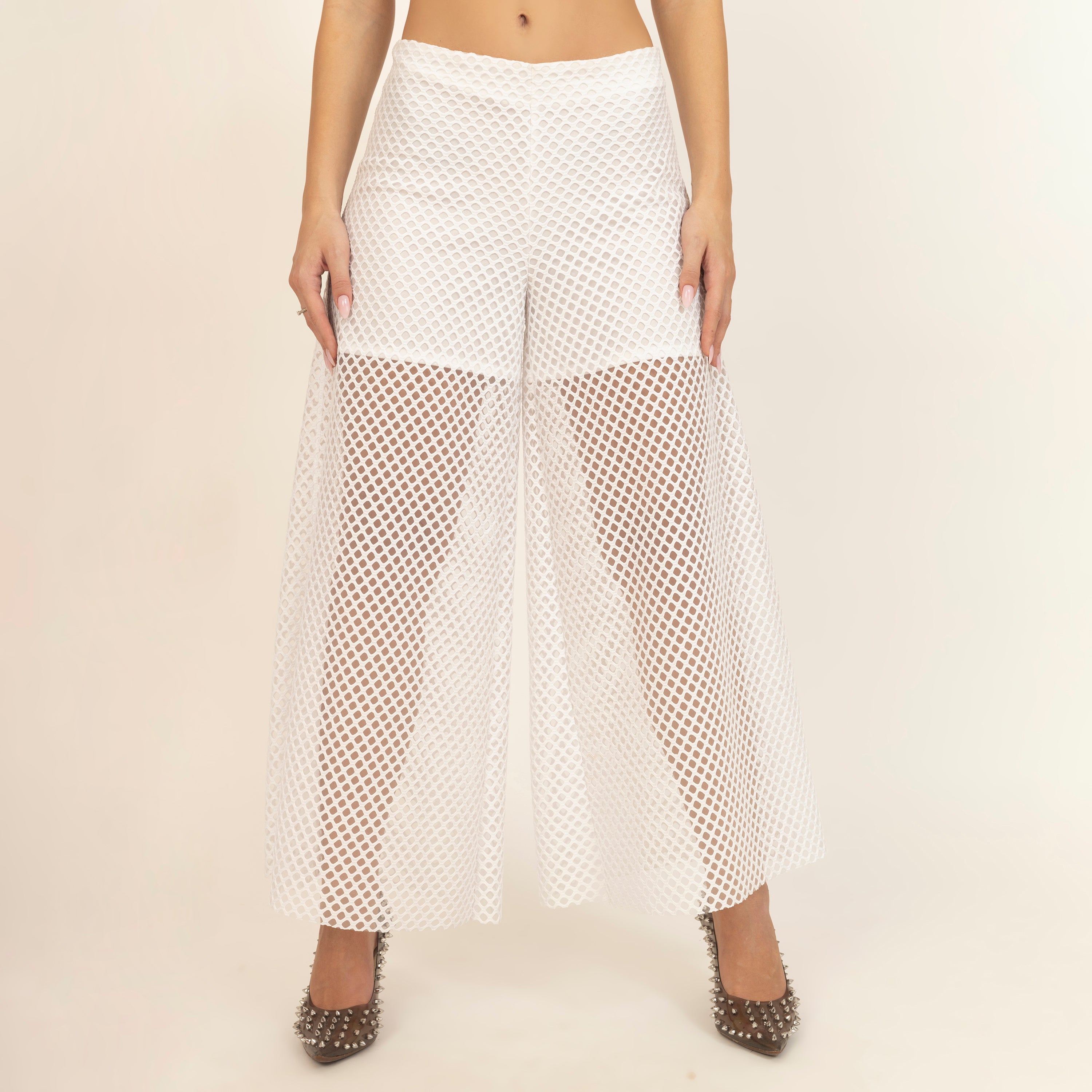 White Mesh Net Flared Palazzo for Women