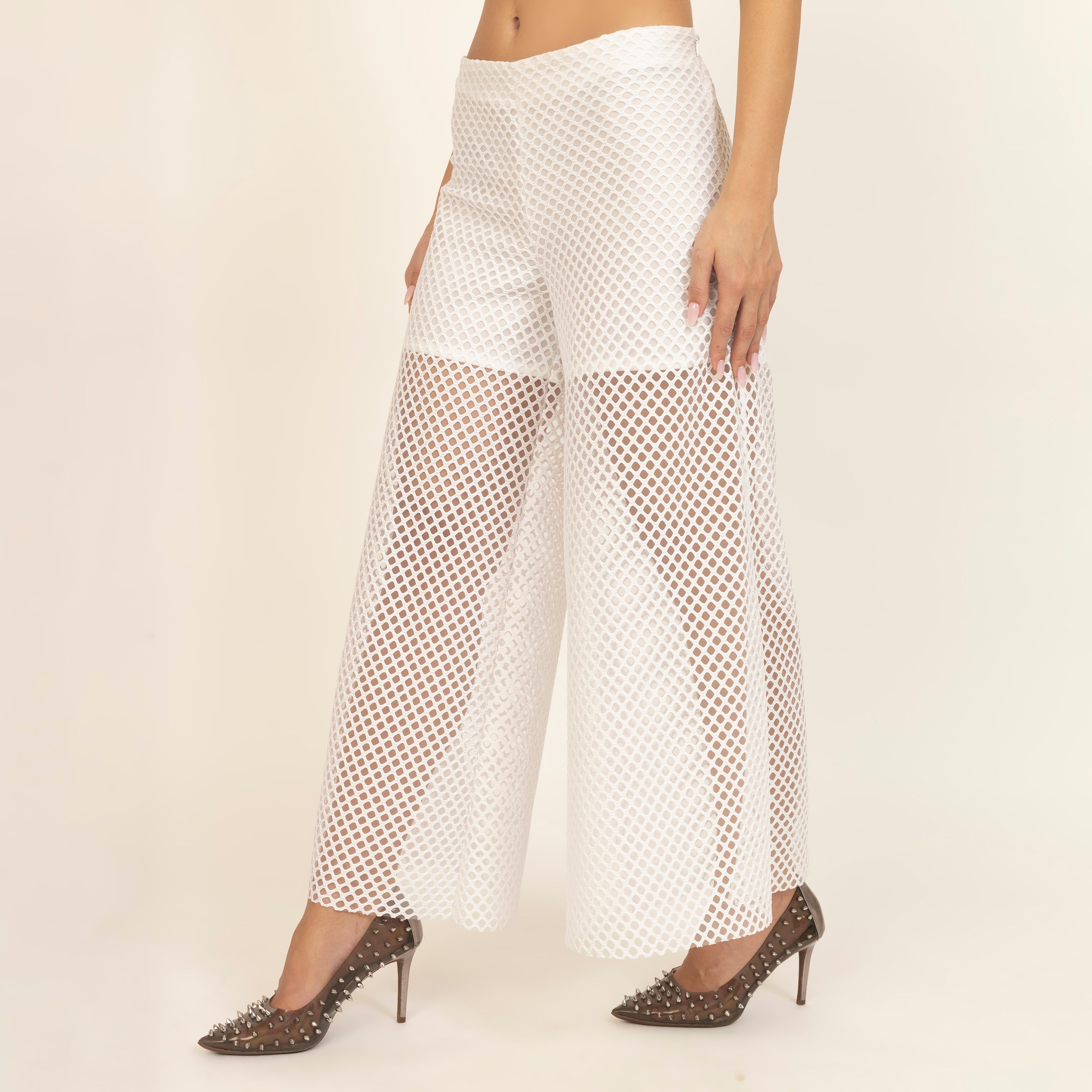 White Mesh Net Flared Palazzo for Women-1