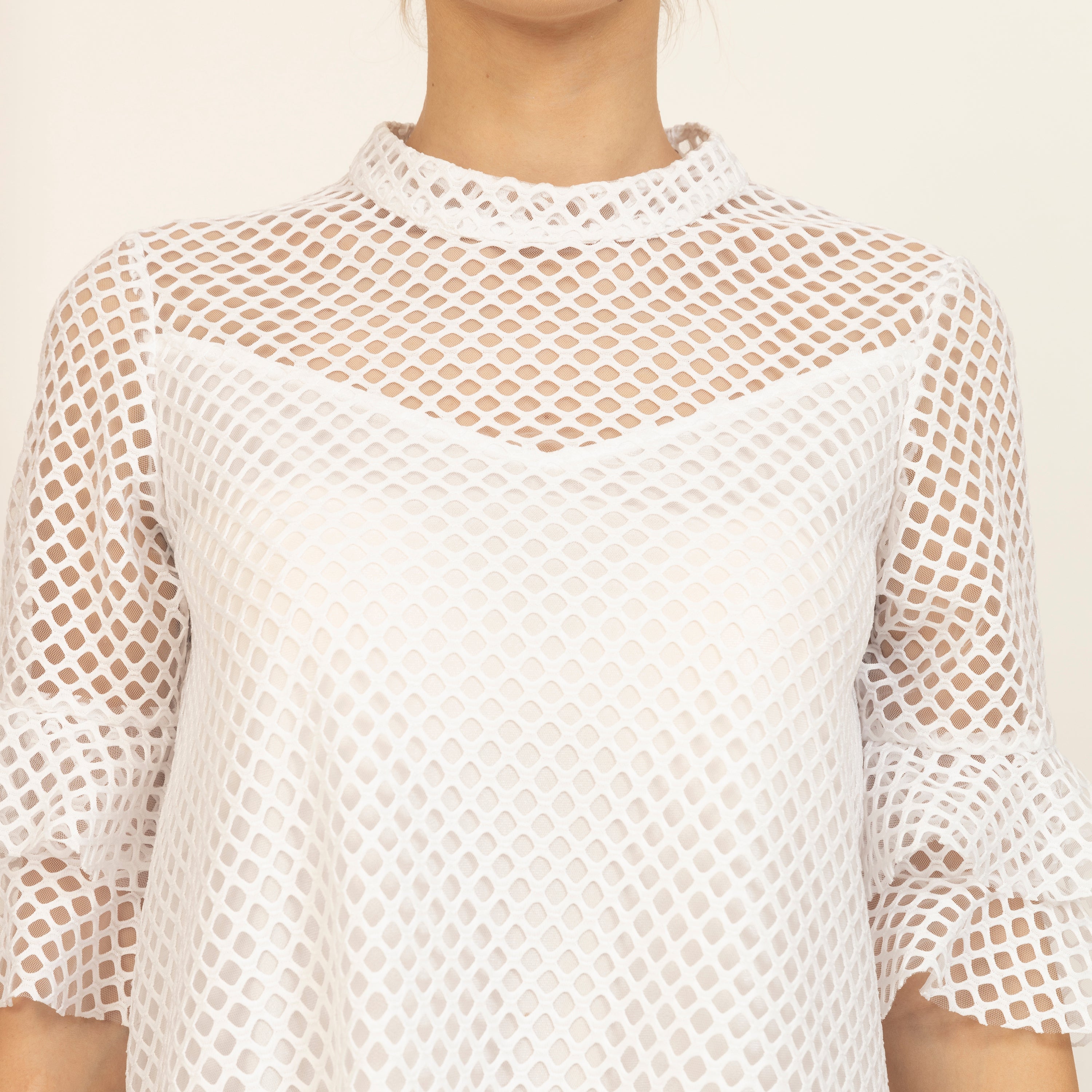White Mesh Net Multi Layer Frill Dress, dress for women, dress, women dress, sleeve design, design color