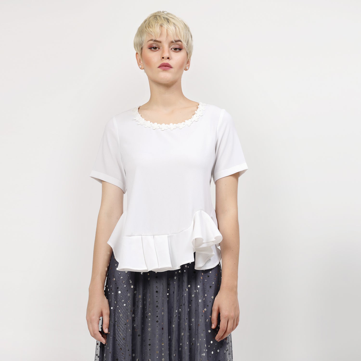 White Peplum Top with Floral Lace