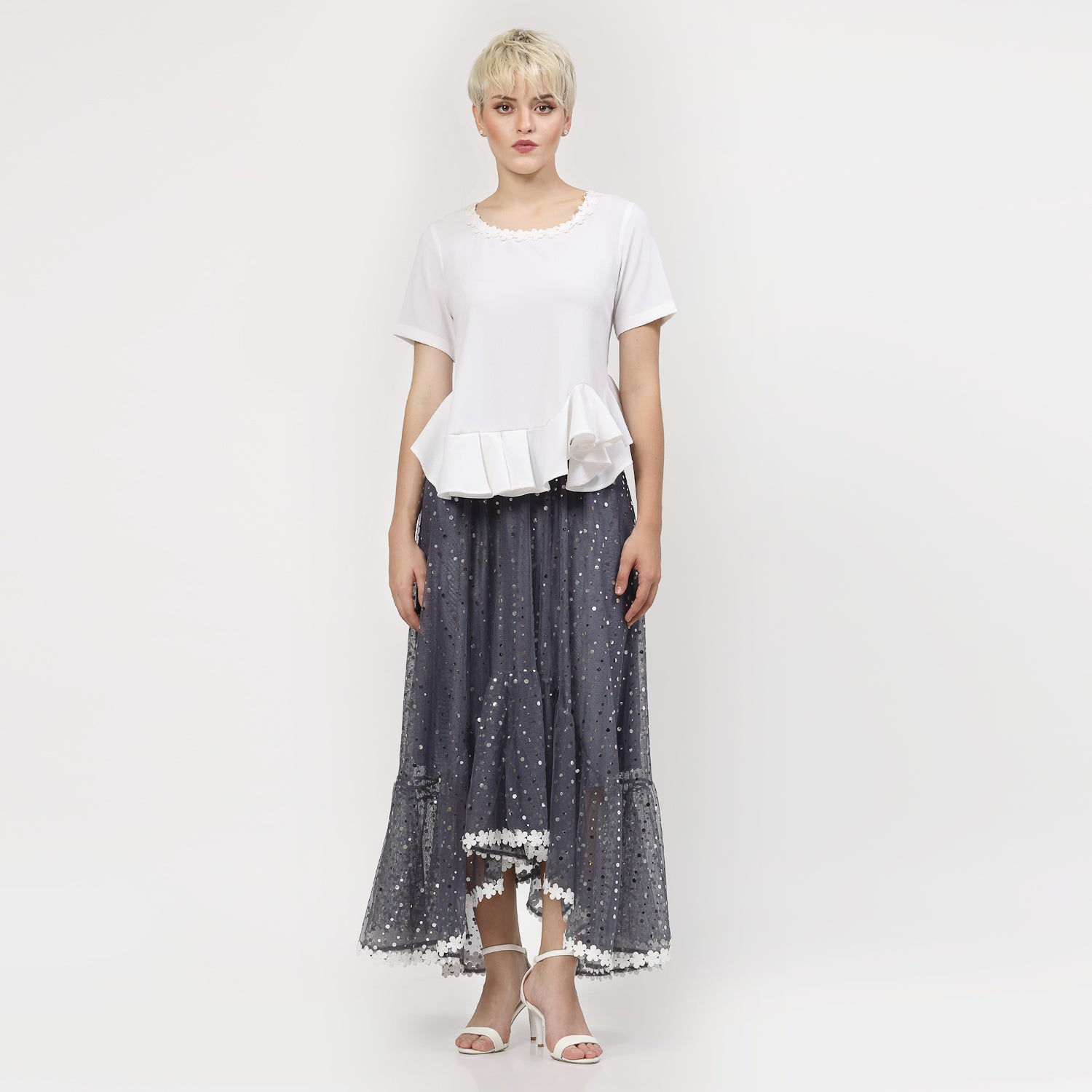 White Pemplum Top With Flower Lace,  tops for women, crop top, crop tops for women, organza tops