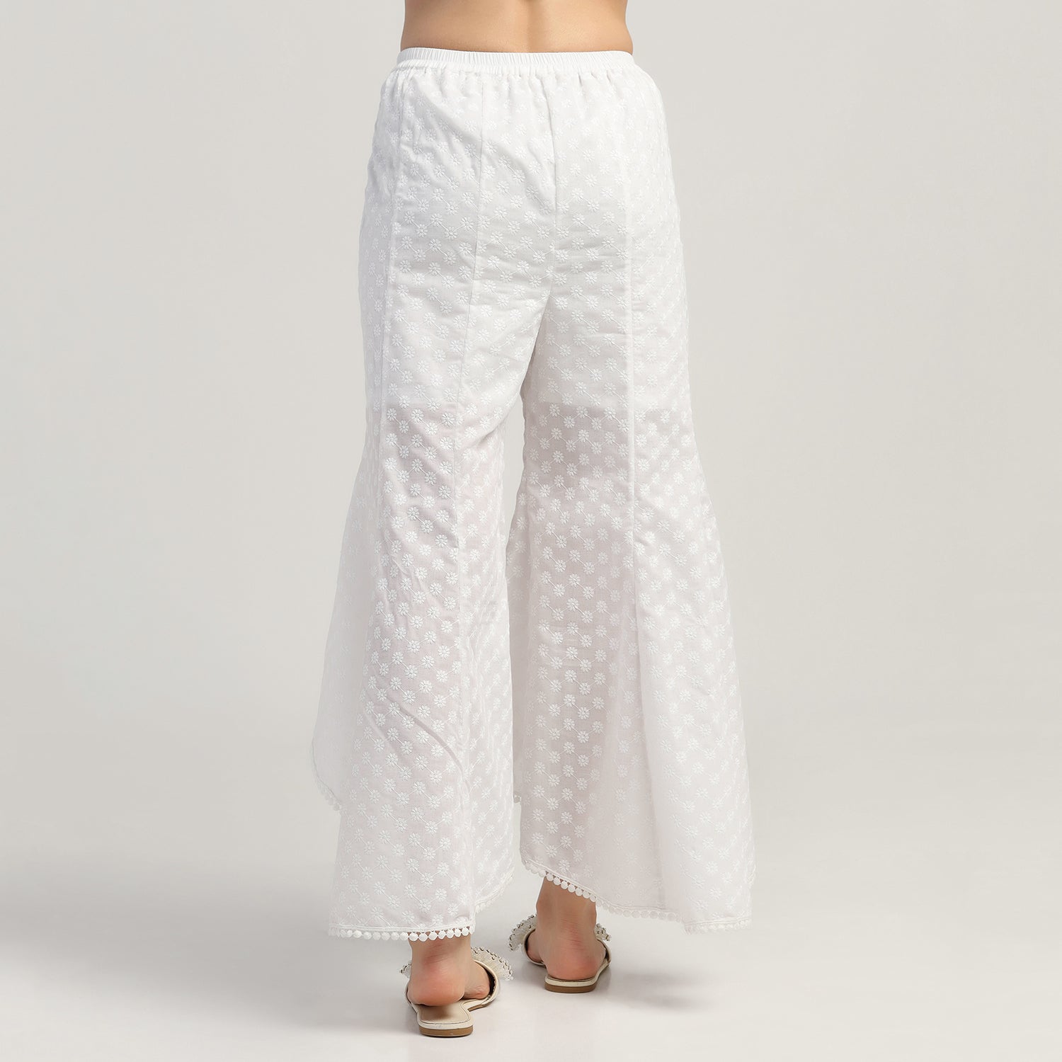 White Schiffle A Line Plazzo, Velvet Bell Bottom Pants , Stylish Women pants , Floral print palazzos