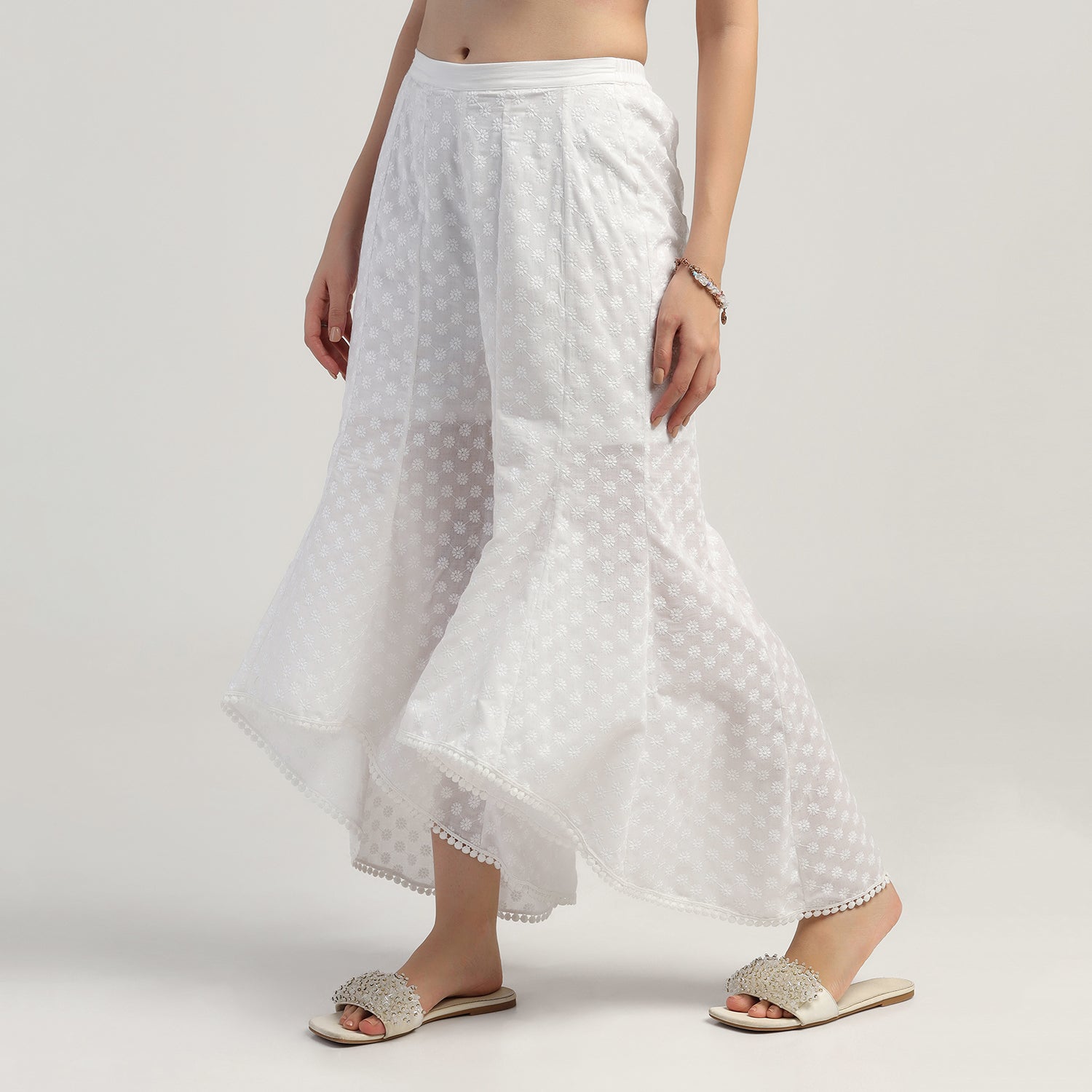 White Schiffle A Line Plazzo, Velvet Bell Bottom Pants , Stylish Women pants , Floral print palazzos