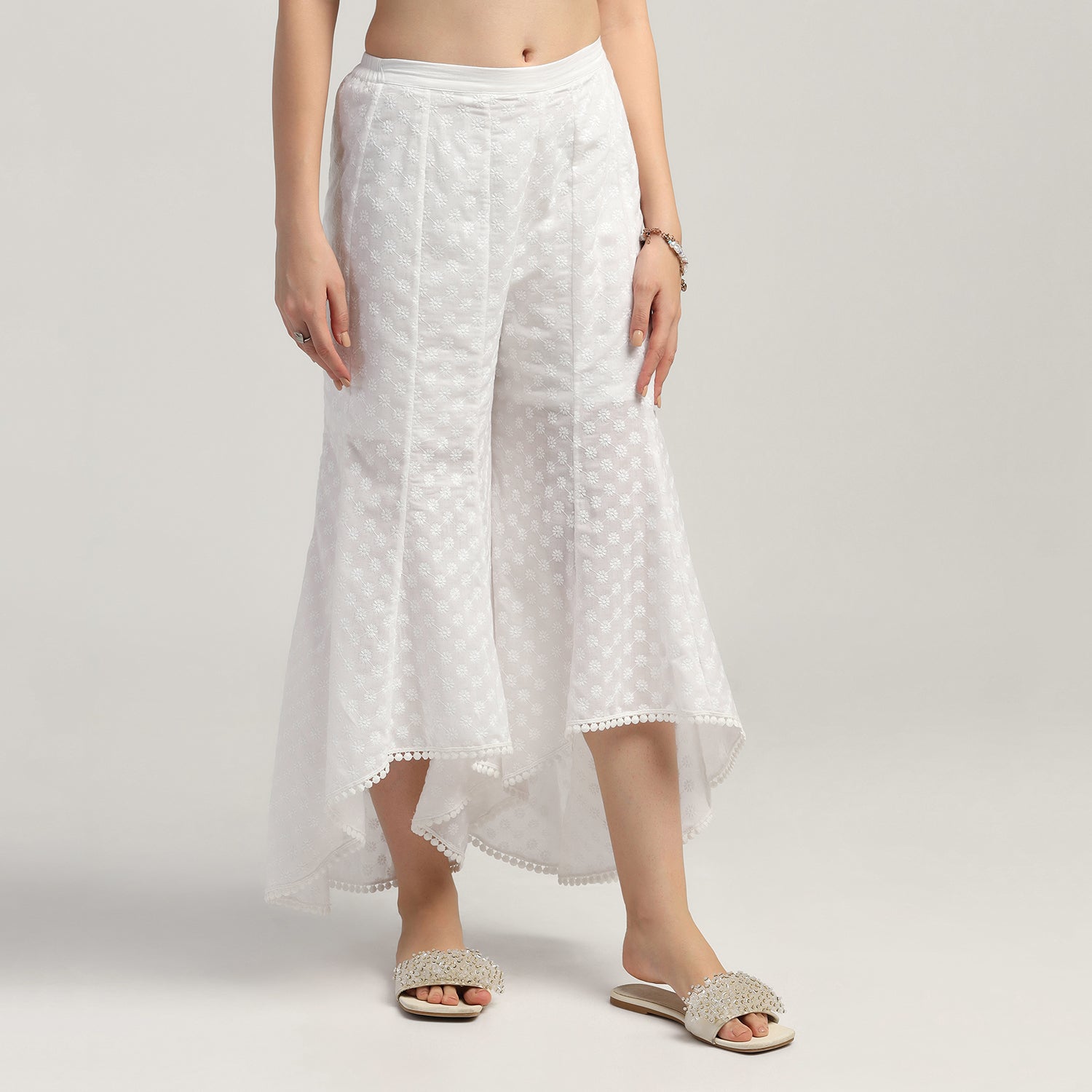 White Schiffle A Line Plazzo, Velvet Bell Bottom Pants , Stylish Women pants , Floral print palazzos