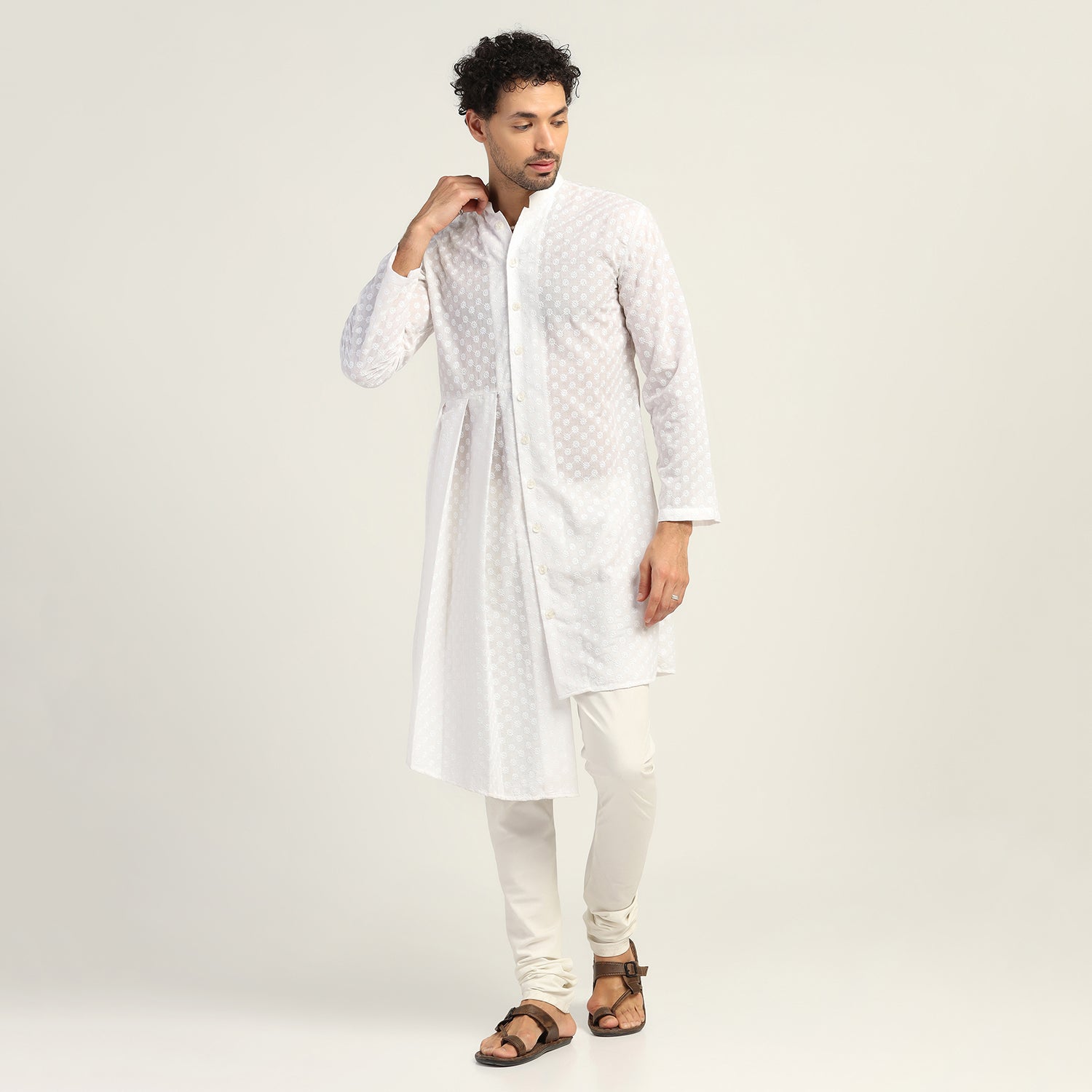 White Schiffli Pleated Kurta for men