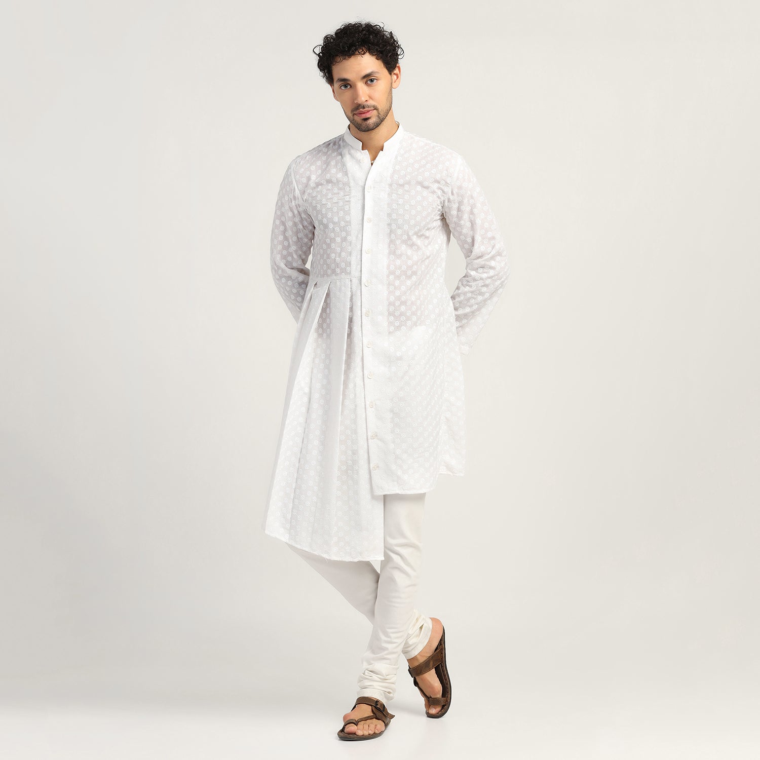 White Schiffli Pleated Kurta for men-1