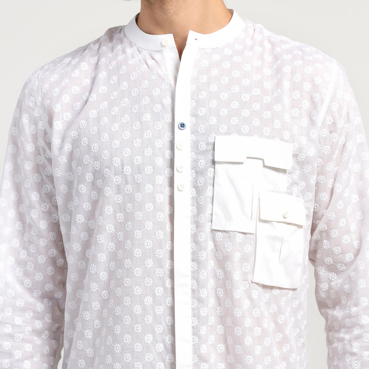 White Schiffle Shirt With Double Pocket, shirts for men, men shirts, designer shirts, stylish shirts, shirt design