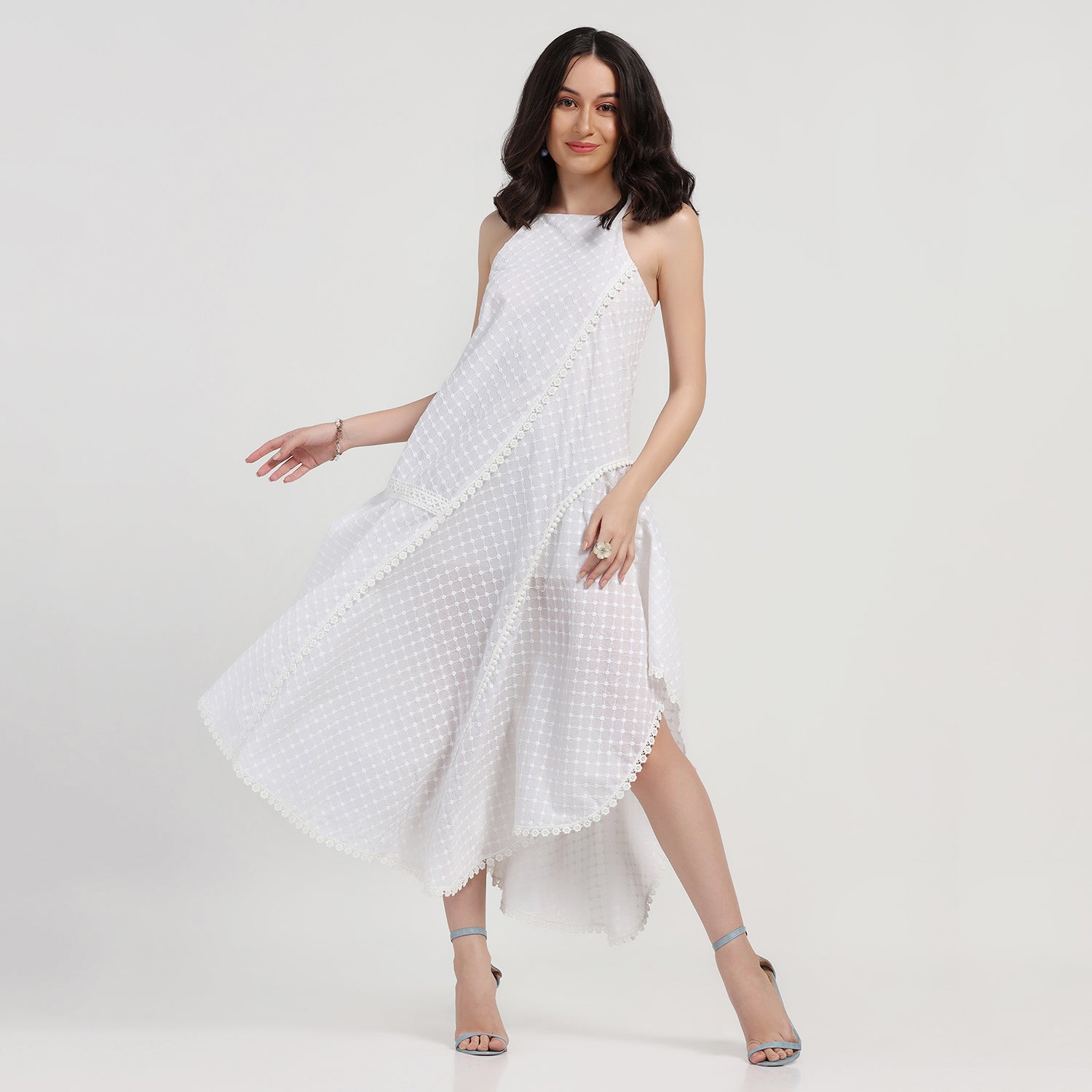 White Schiffle  Square Neck Dress, party wear dress for women, dress for women, dress, women dress, color, design 
