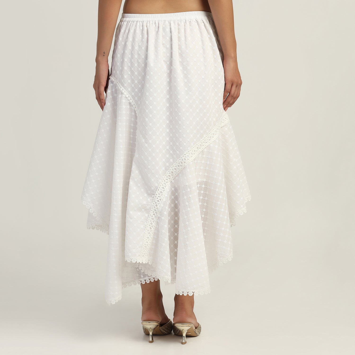 White Schifflie Asymmetrical Lace Skirt, skirts for women, long skirts for women, crop top and skirt, women in short skirts