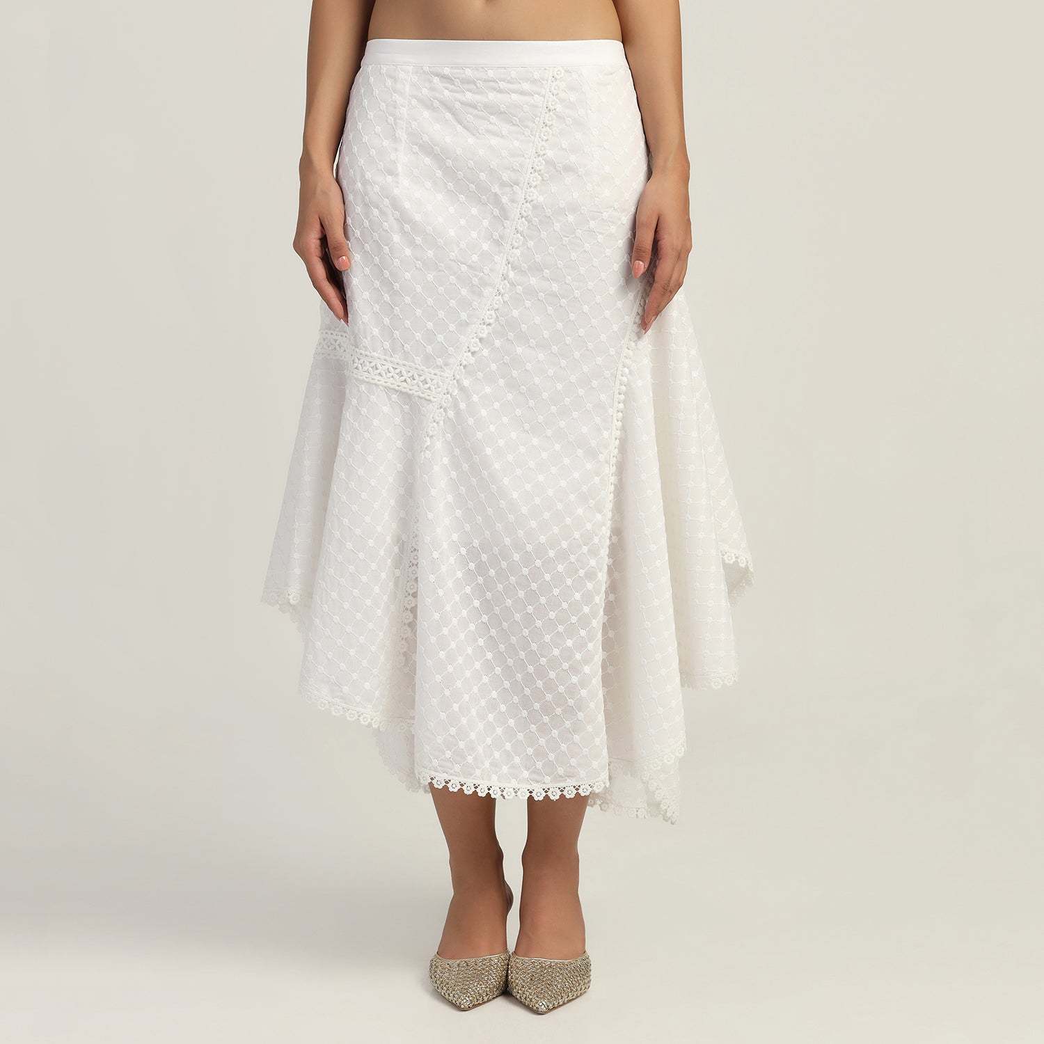 White Schifflie Asymmetrical Lace Skirt, skirts for women, long skirts for women, crop top and skirt, women in short skirts