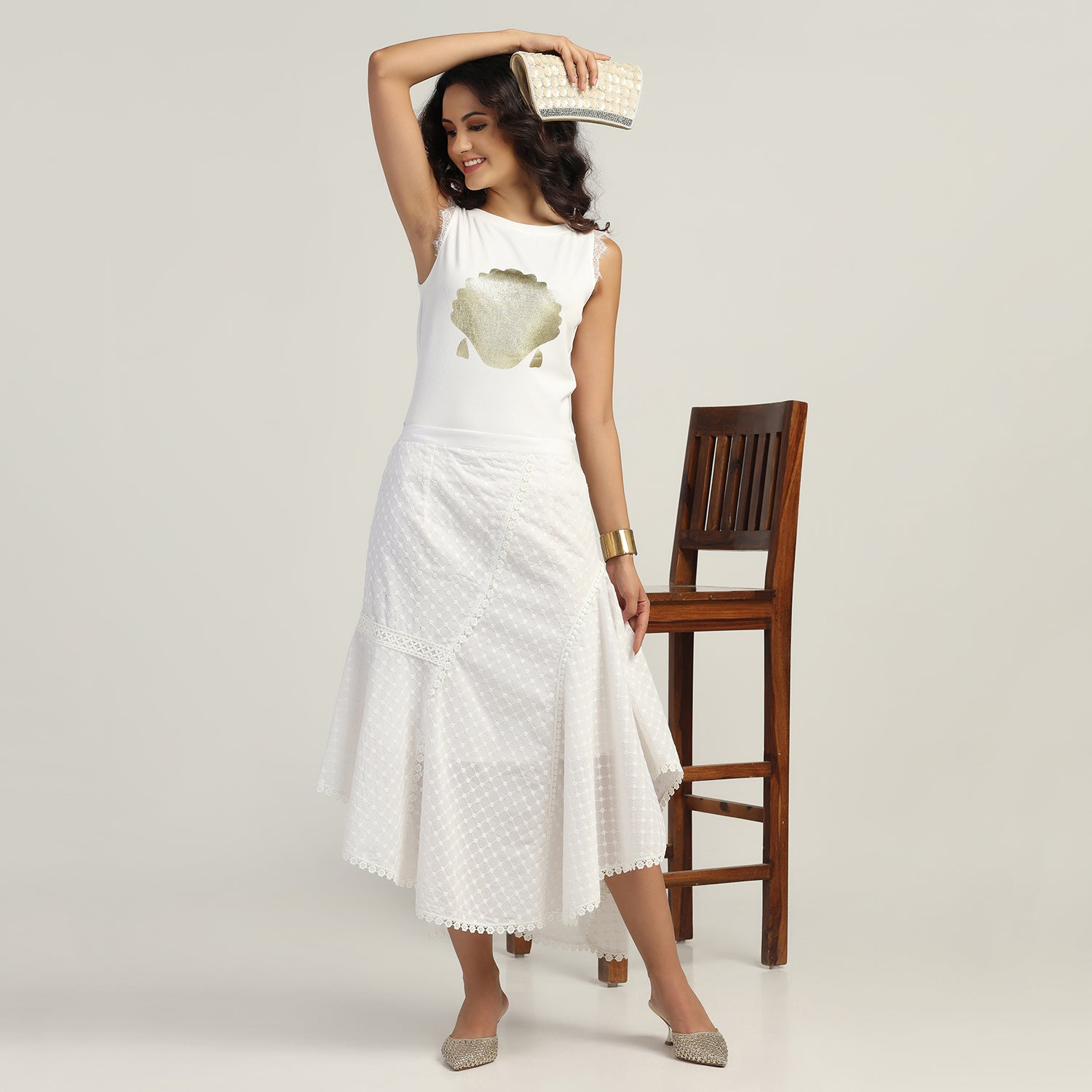 White Schifflie Asymmetrical Lace Skirt for Women