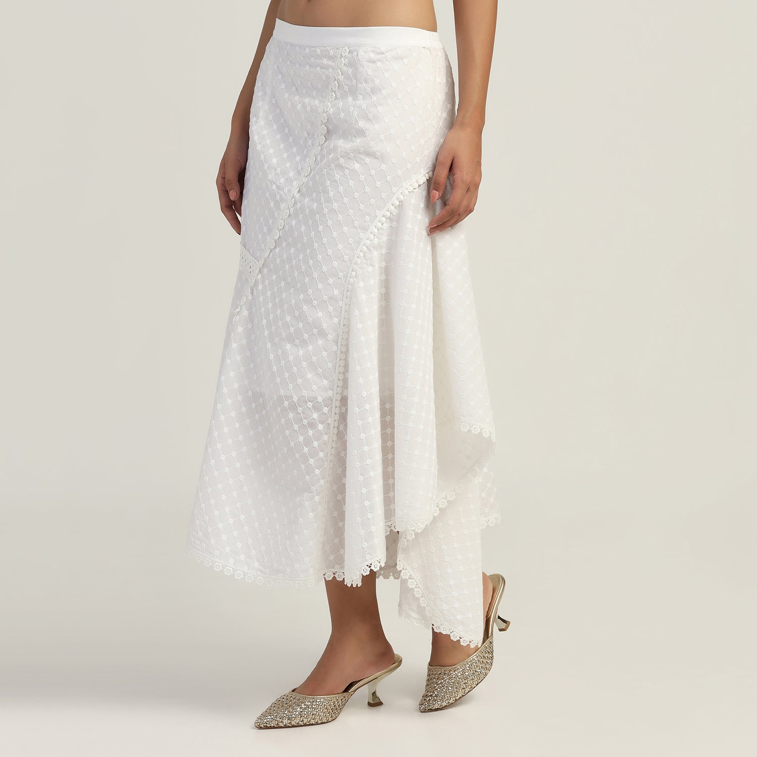 White Schifflie Asymmetrical Lace Skirt, skirts for women, long skirts for women, crop top and skirt, women in short skirts