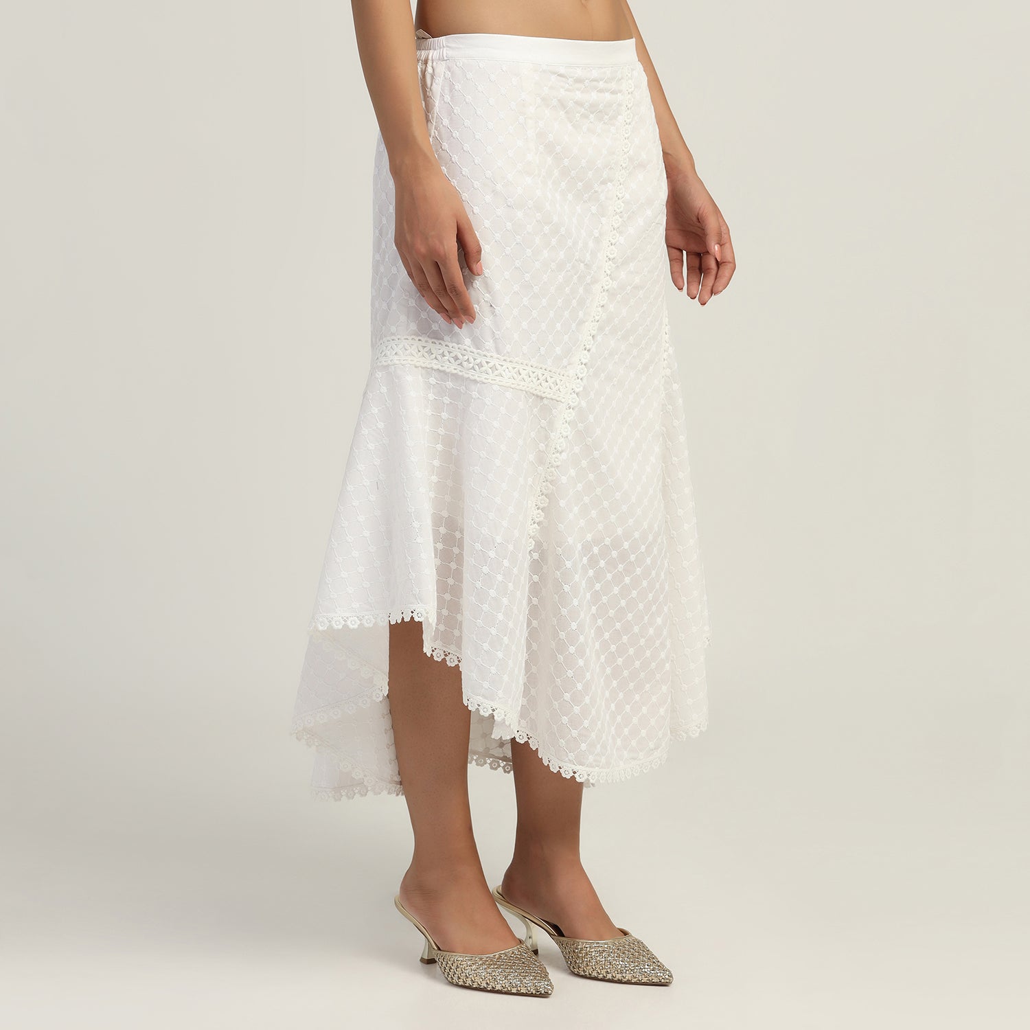 White Schifflie Asymmetrical Lace Skirt, skirts for women, long skirts for women, crop top and skirt, women in short skirts