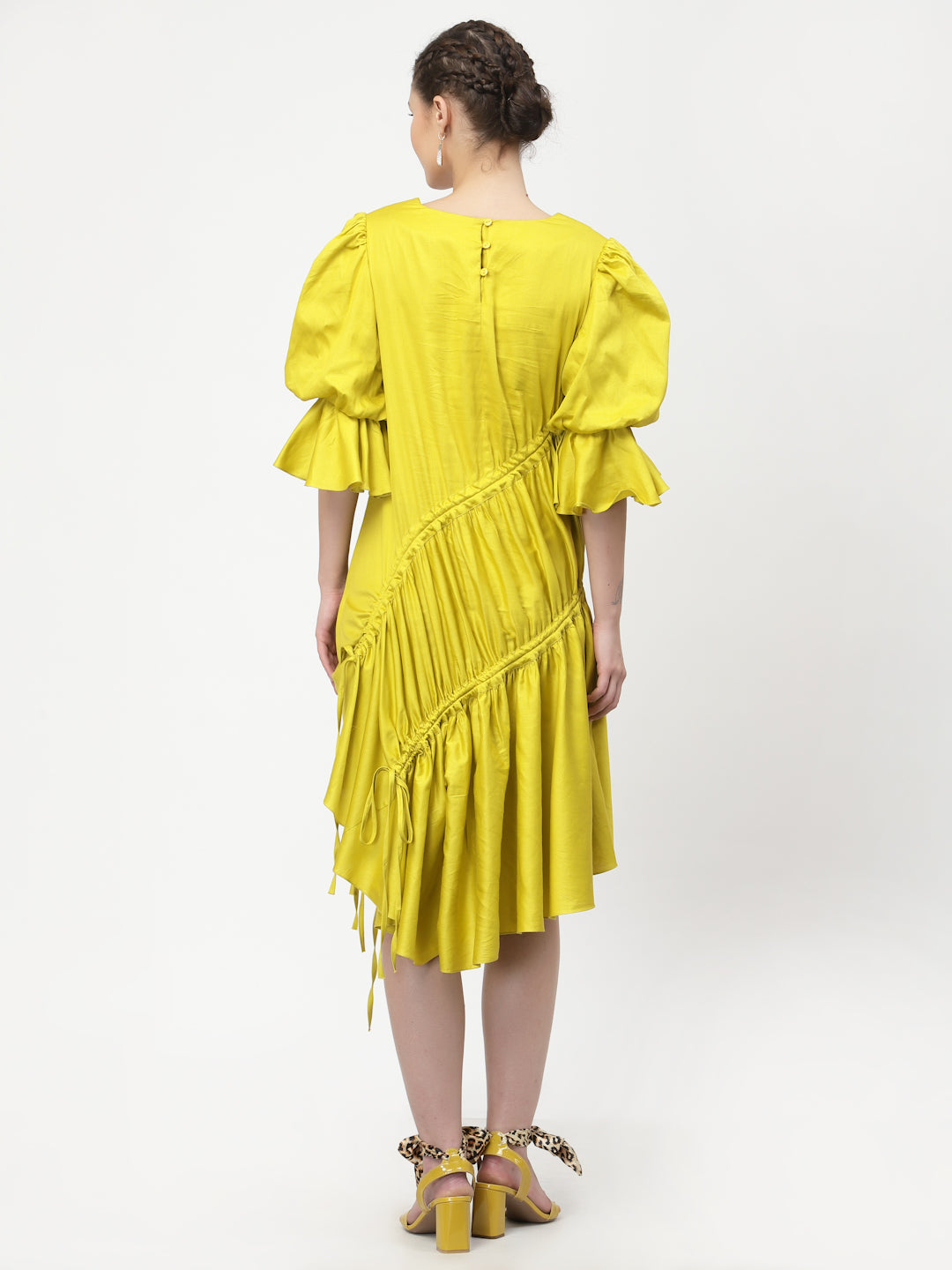 Yellow Cotton Asymmetrical Dresses for Ladies-3