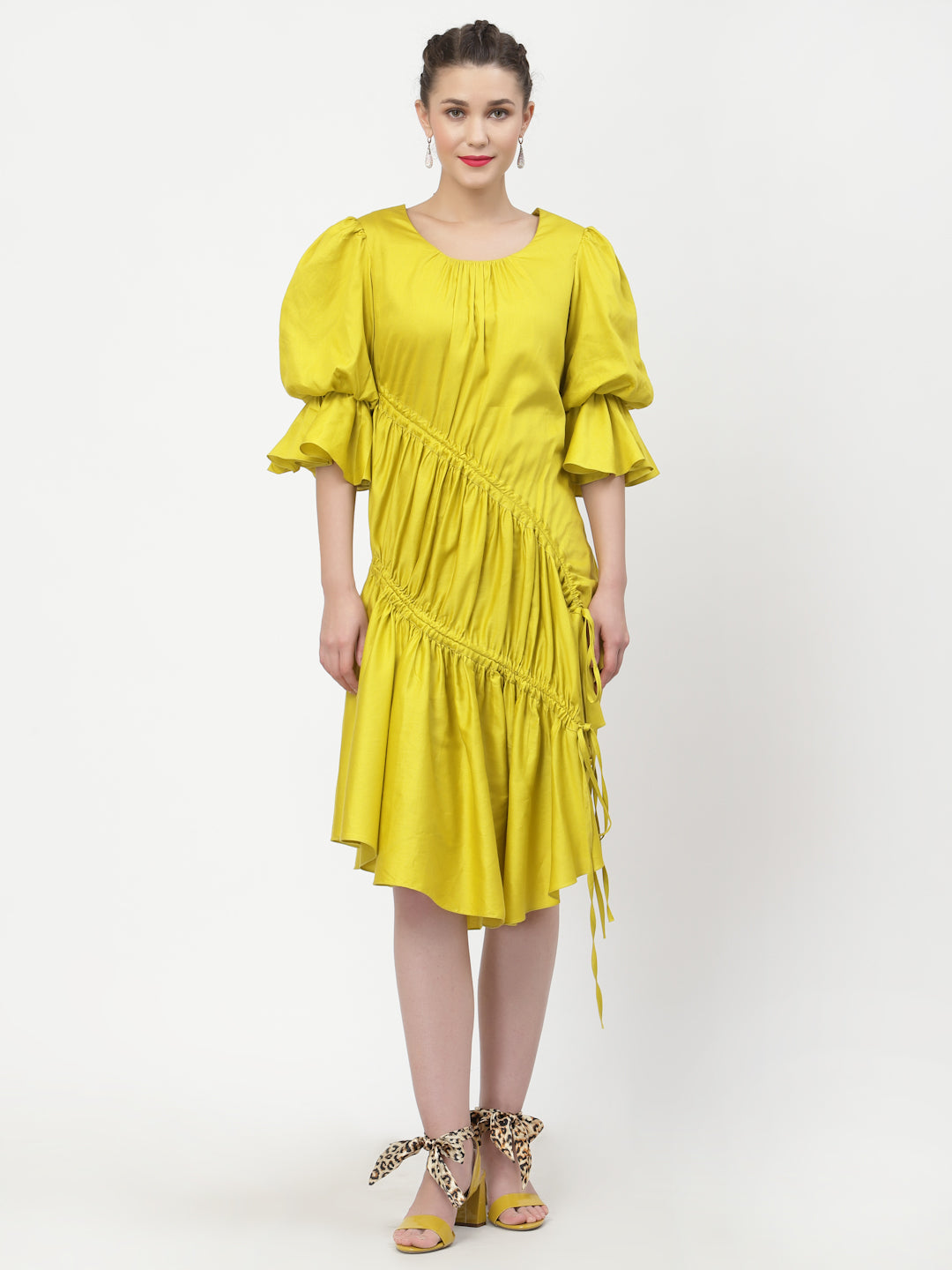 Yellow Cotton Asymmetrical Dresses for Ladies-6