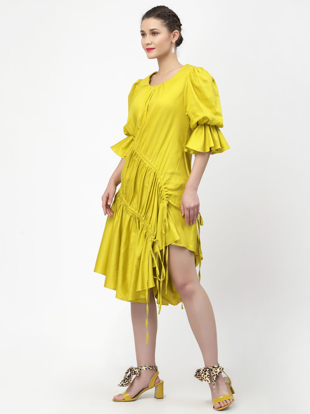 Yellow Cotton Asymmetrical Dresses for Ladies-1