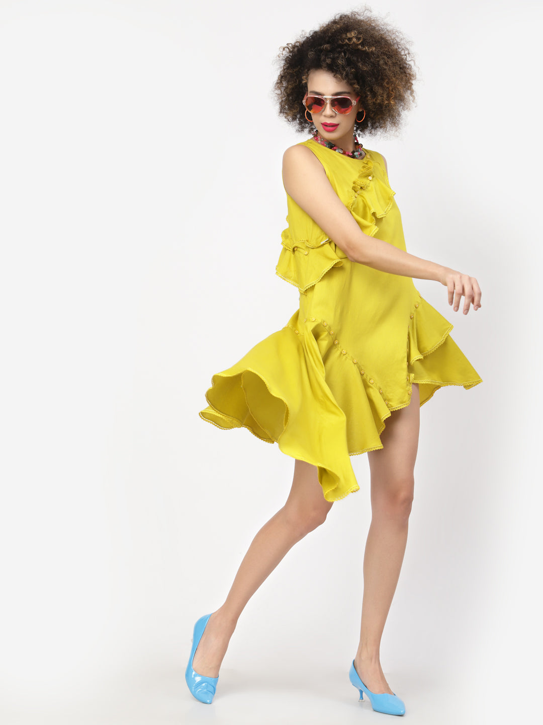 Yellow Cotton Ruffle Asymmetrical Dresses for Female