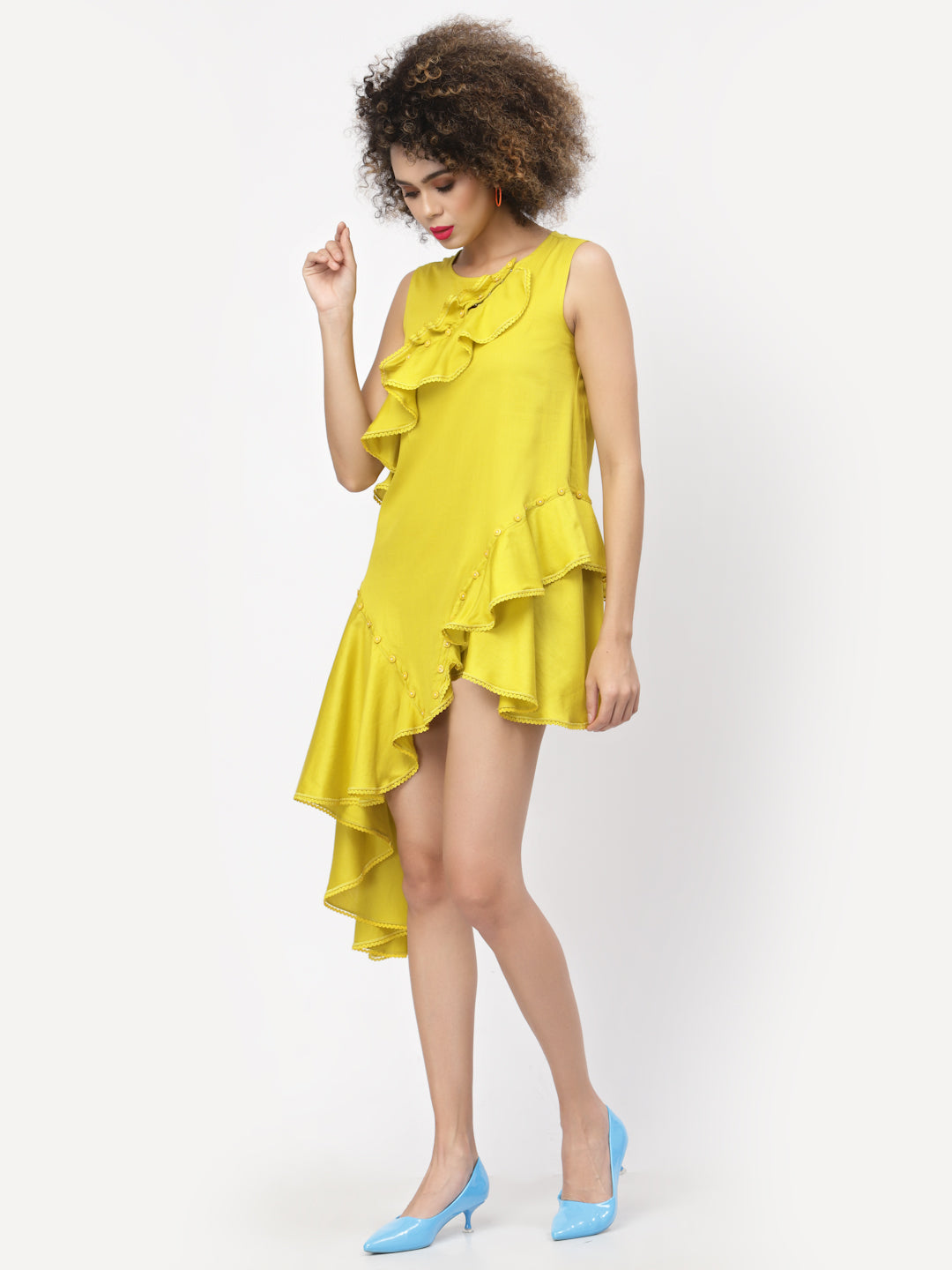 Yellow Cotton Ruffle Asymmetrical Dresses for Female-1