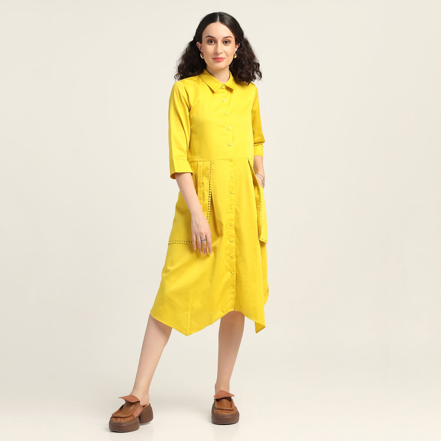 Yellow Glazed Cotton Long Dress for Women