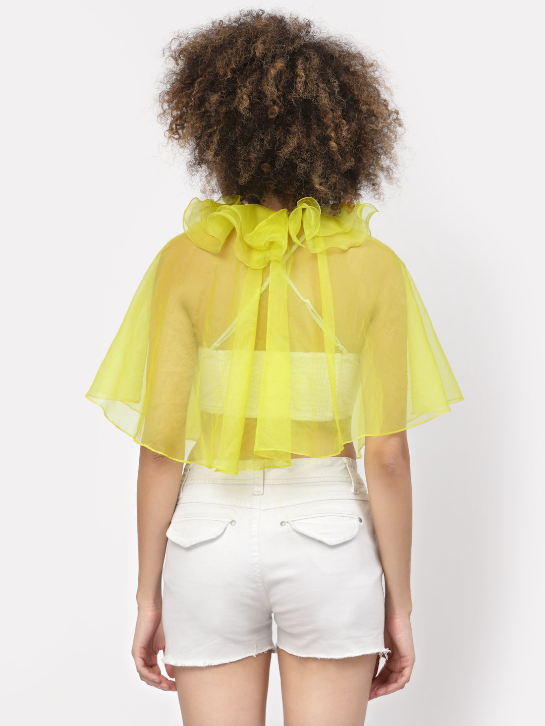 Yellow Organza Cape With Frill Neck, Organza jackets, Stylish Jackets, Summer Women’s Jackets, Long Women Jackets , Short jackets for women