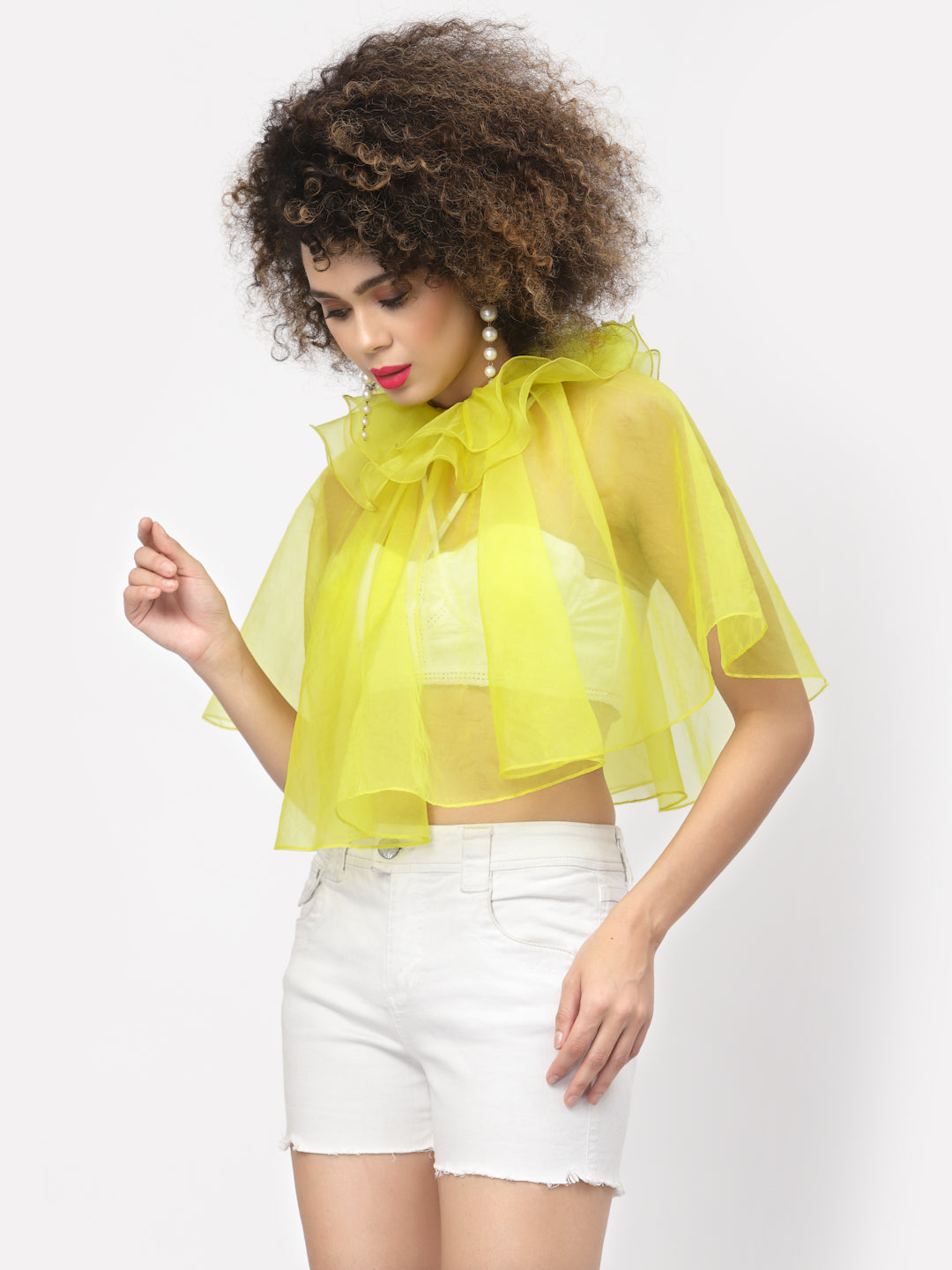 Yellow Organza Cape With Frill Neck, Organza jackets, Stylish Jackets, Summer Women’s Jackets, Long Women Jackets , Short jackets for women