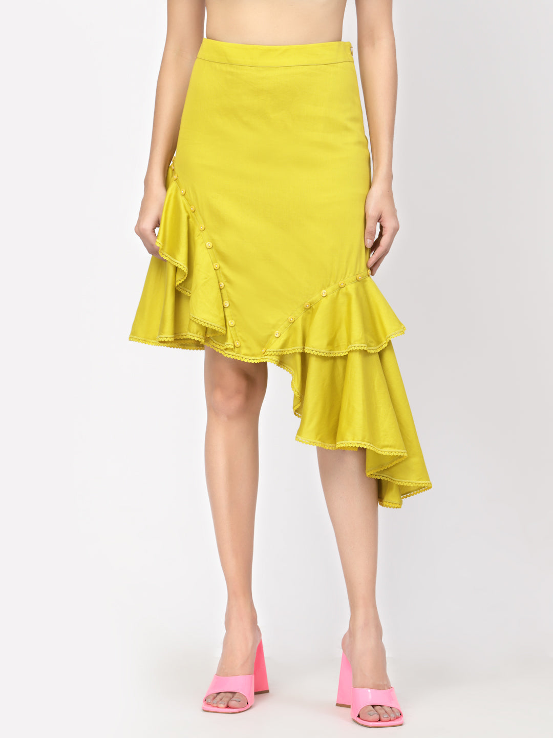 Yellow Ruffle Skirt With Buttons, skirts for women, long skirts for women, crop top and skirt, women in short skirts