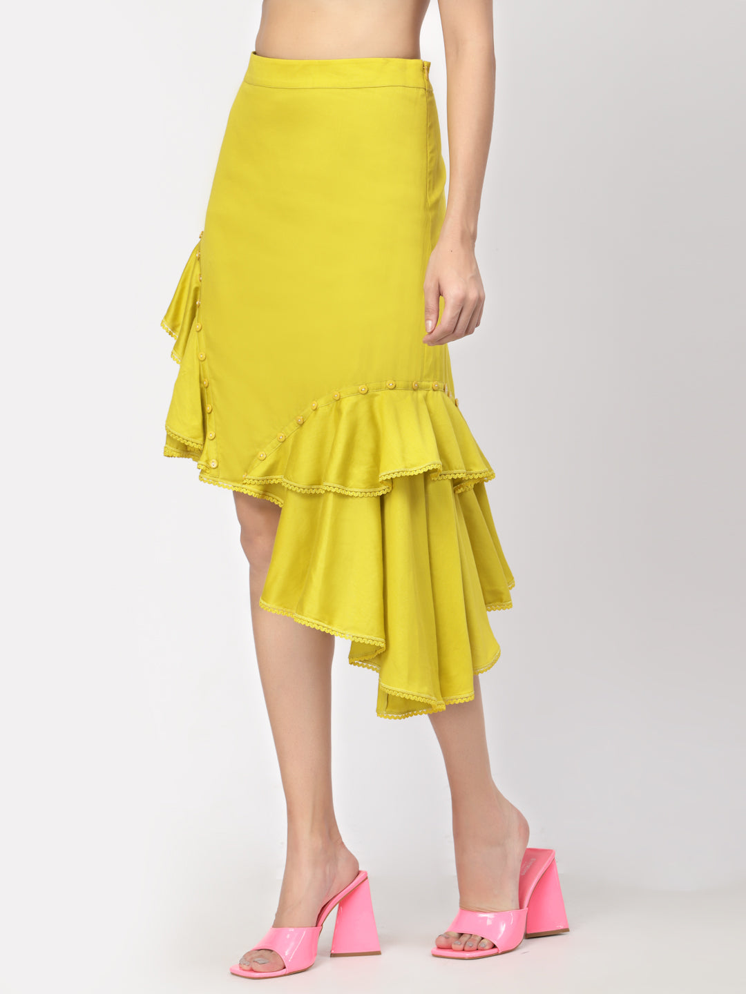 Yellow Ruffle Skirt With Buttons, skirts for women, long skirts for women, crop top and skirt, women in short skirts