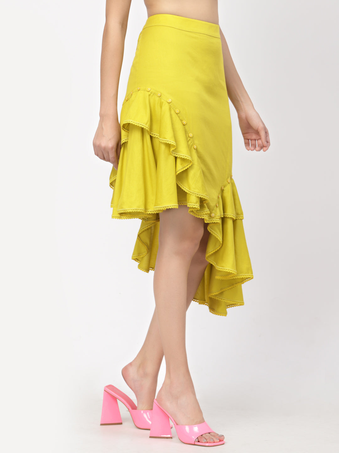 Yellow Ruffle Skirt With Buttons, skirts for women, long skirts for women, crop top and skirt, women in short skirts